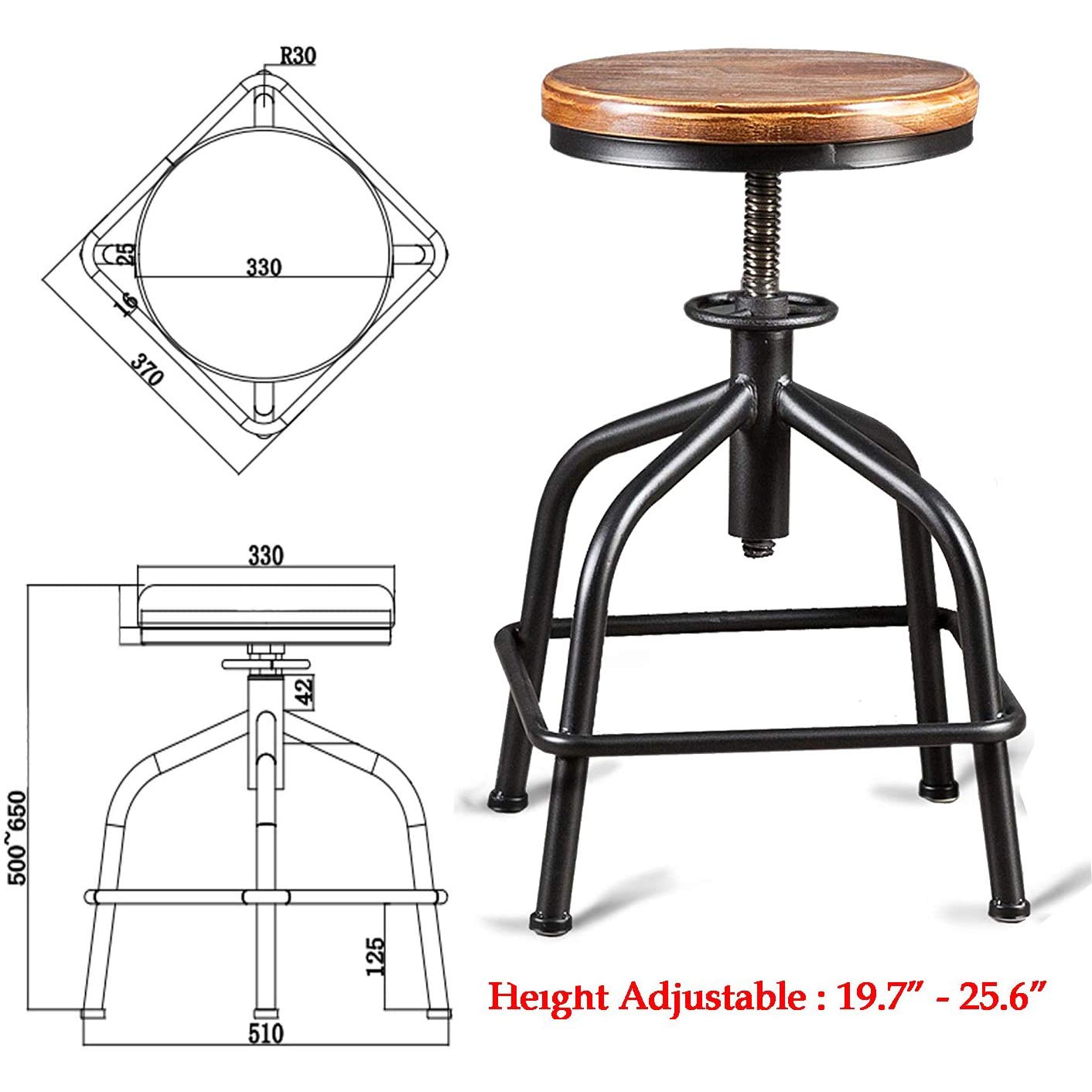 Topower Farmhouse Kitchen Stool Set of 2 - Adjustable Height Industrial Counter Stool with Swivel Base, Black Wooden Seat for Bar, Kitchen Island & Dining Room Decor