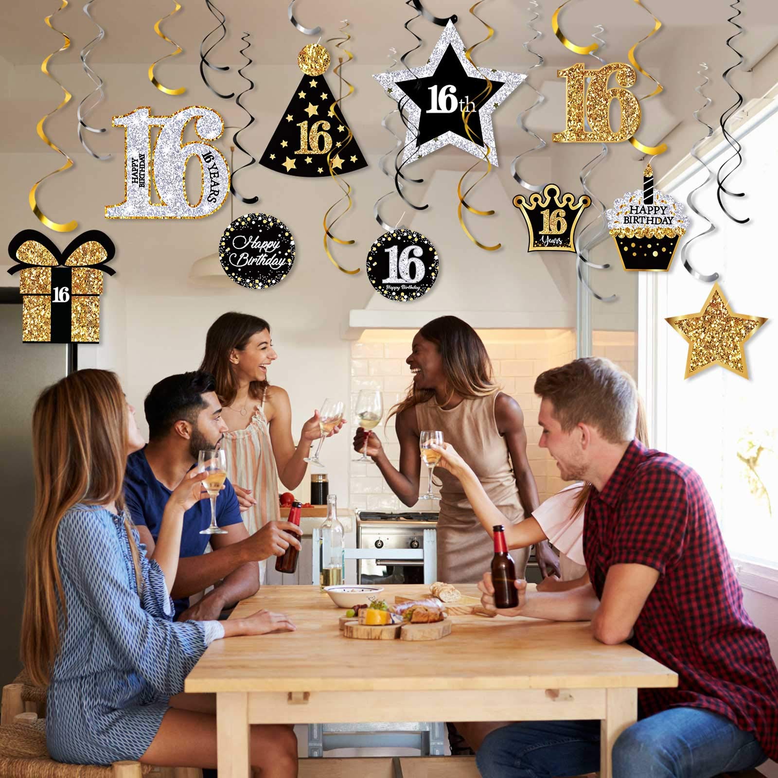 Frienda 30-Piece 16th Birthday Party Decorations Set - Shiny Hanging Swirls, Decorative Cards & Ceiling Decor for Sweet 16 Celebrations | Perfect for Birthday Party Supplies & Teenage Girls' Milestone Party Decor