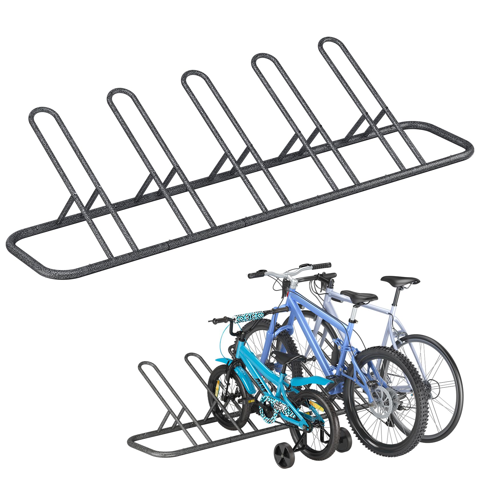 Heavy Duty Bike Rack for Garage - Indoor Floor & Outdoor Bike Storage Stand Holds 5 Bikes - Hammer-Tone Silver Finish - Perfect for Home, Apartment & Backyard Bike Organization