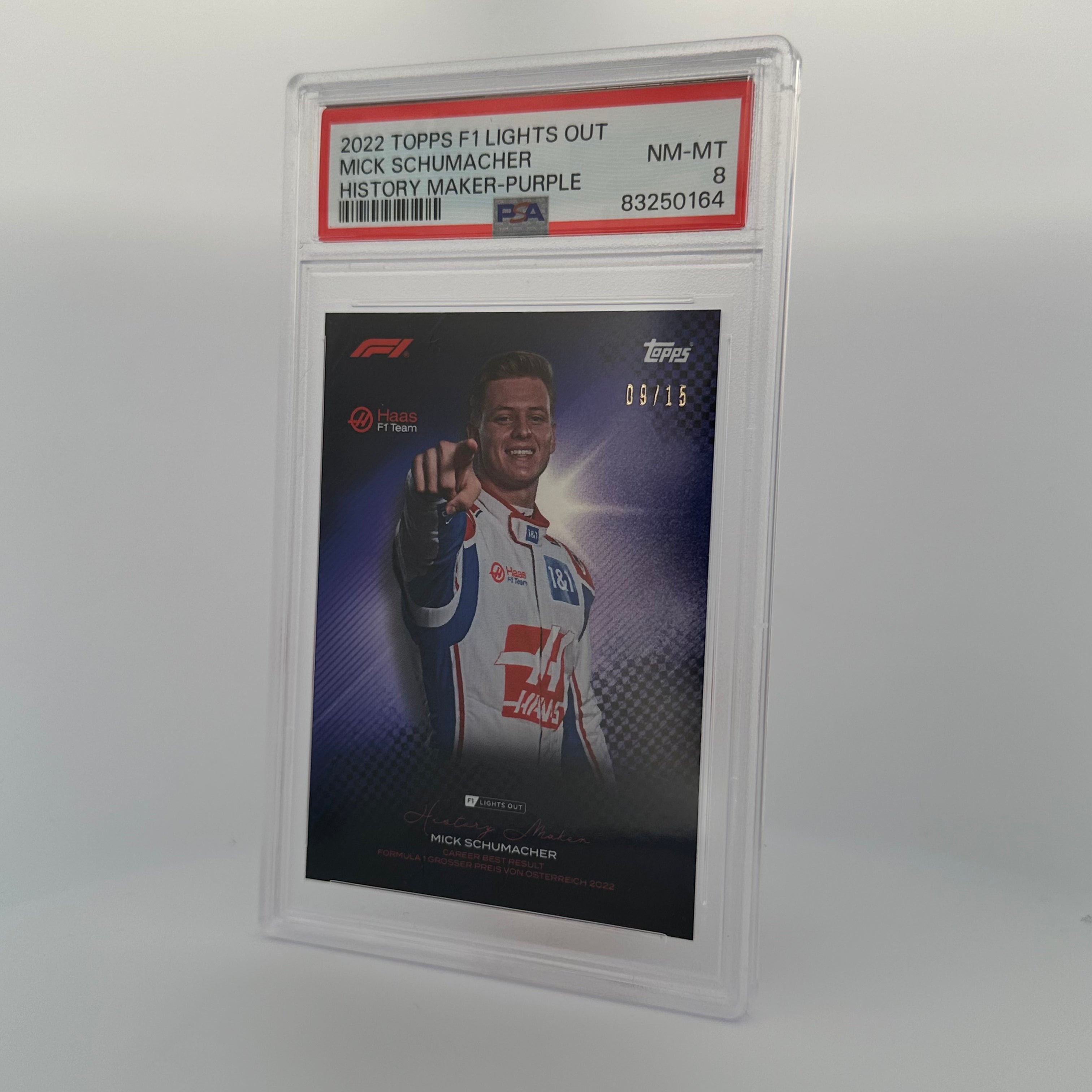 PSA 8 Graded Mick Schumacher 9/15 History Maker Purple - Rare F1 Racing Collectible Card for Display & Investment