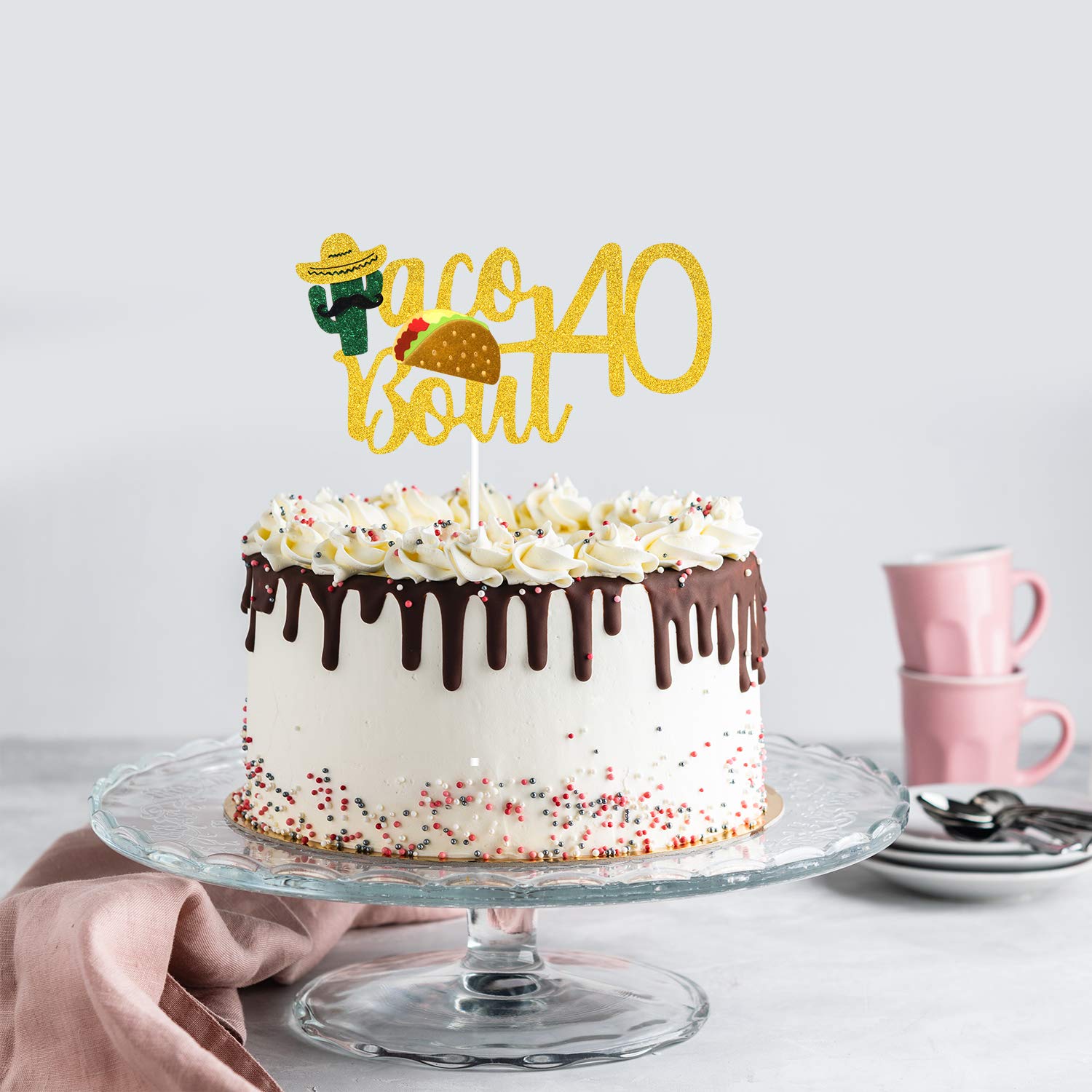 Fiesta 40th Birthday Cake Topper - Glitter Taco & Cactus Decor for Mexican Party Supplies - Fabulous Forty Celebration - Perfect for Summer Fiesta, Cinco de Mayo & Taco Tuesday Parties