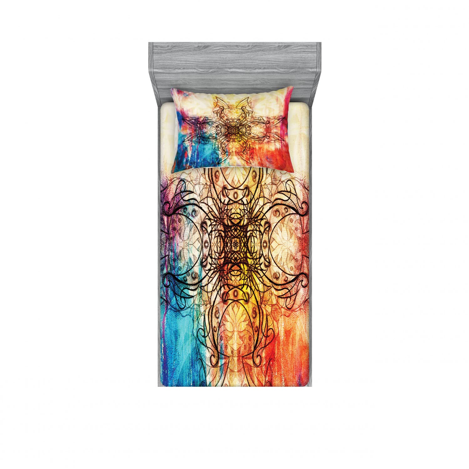 Ambesonne Mandala 2-Pack Twin Fitted Sheet & Pillow Sham Set - Ornate Mystic Sketch Design, 4-Piece Bedding Decor in Vibrant Colors | Perfect for Boho Bedroom, Dorm Room, or Meditation Space Decor