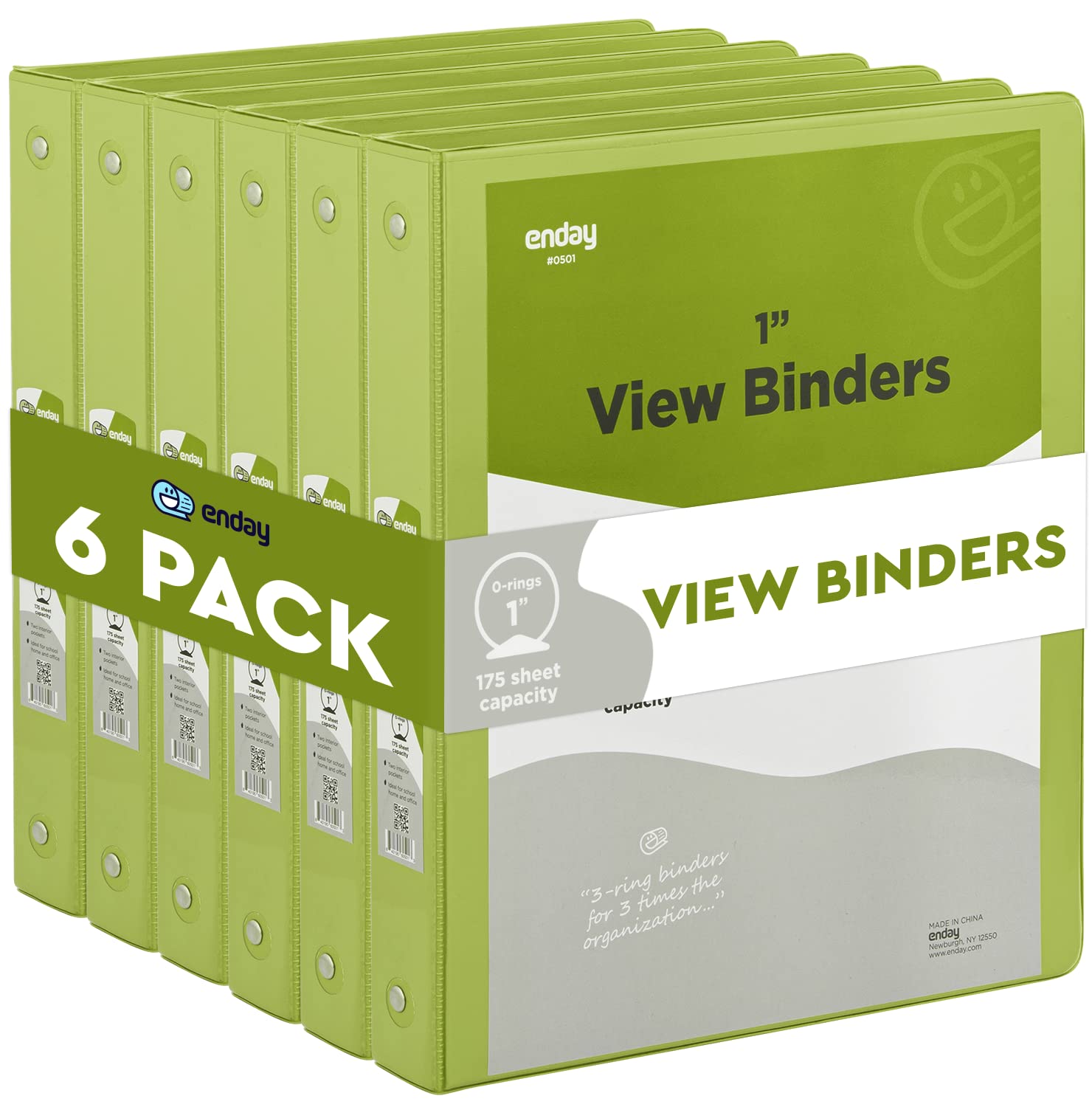 1 Inch 3 Ring Binder with Clear View Cover - 2 Inside Pockets, Round Ring School Binder in Green (6 Pack) - Also Available in Pink, Blue, Purple, Grey & Red - Perfect for Office, School & Home Organization by Enday