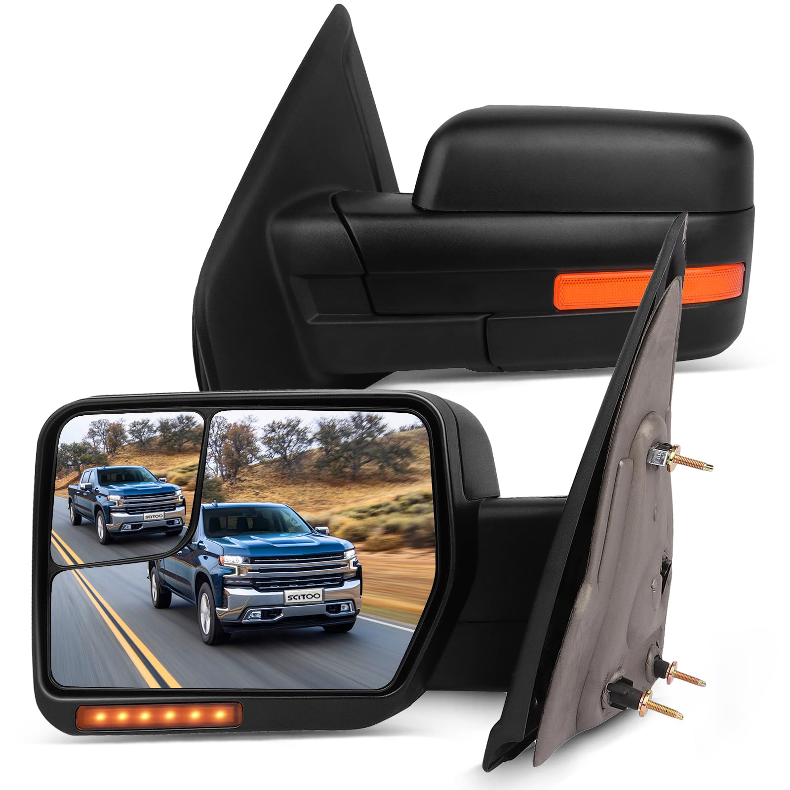 SCITOO Power-Adjusted Heated Towing Mirrors with Turn Signal & Puddle Light - Compatible with 2004-2014 Ford F-150 - Perfect for Towing, Off-Roading & Night Driving