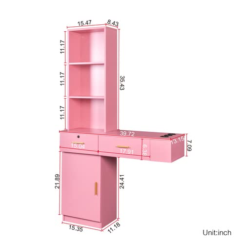 Wall Mounted Hair Styling Station - Professional Barber Salon Equipment Set with Floating Vanity Makeup Table, 2 Drawers & Multi-Layer Storage Cabinet (Pink) - Perfect for Home Salons, Spa Rooms & Beauty Studios