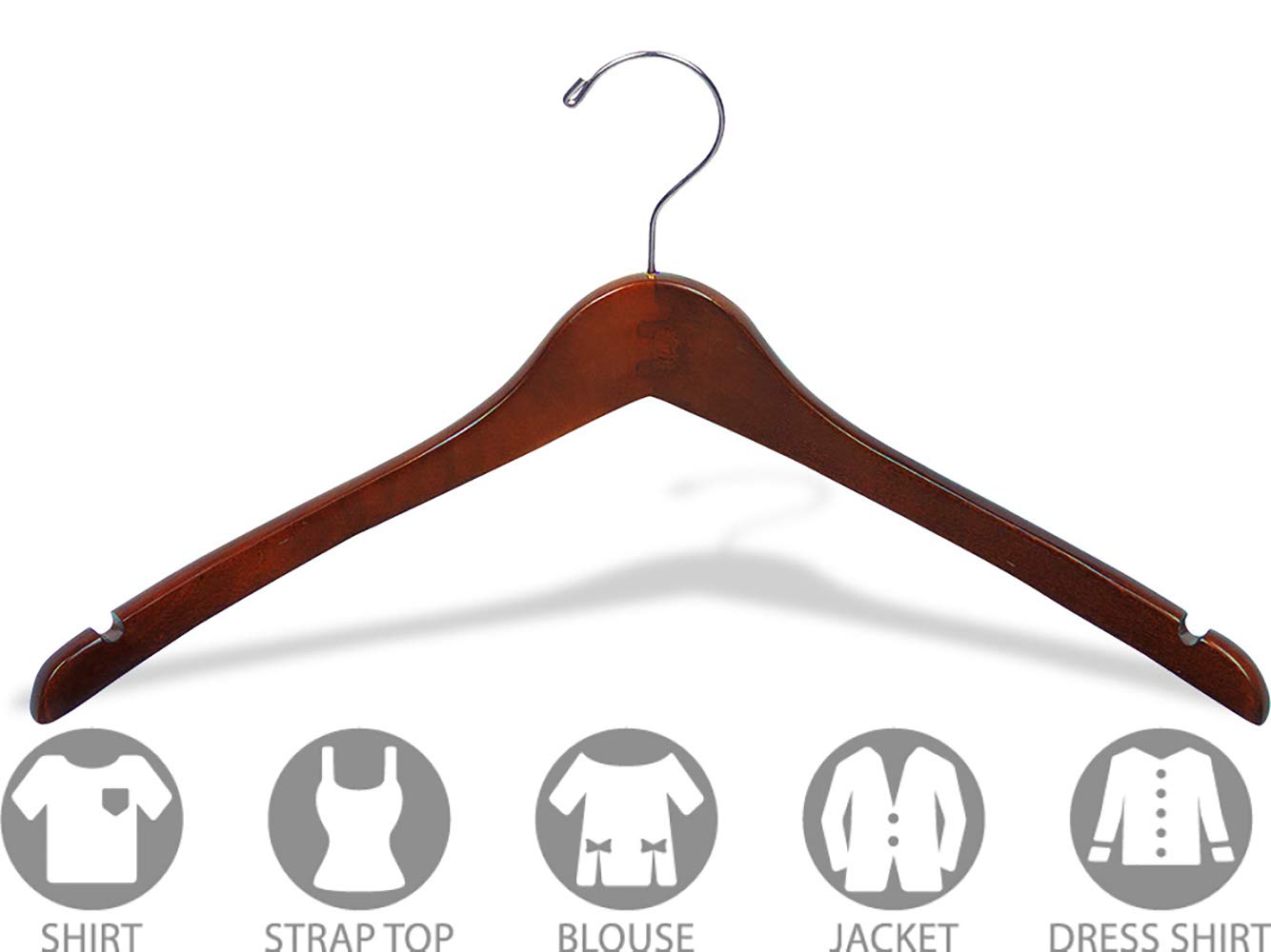 Premium Wooden Coat Hangers with Curved Top - Natural Walnut Finish & Chrome Hardware (Set of 100) - Ideal for Closet Organization, Retail Stores, and Luxury Garment Display