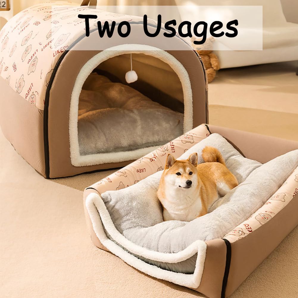 Premium Dog Bed House - 2-in-1 Indoor Pet Bed for Small Dogs & Cats with Fluffy Mat, Washable Cover, Waterproof & Non-Slip Bottom (Medium, Brown/Grey) - Perfect for Living Room, Bedroom & Pet Travel Carrier