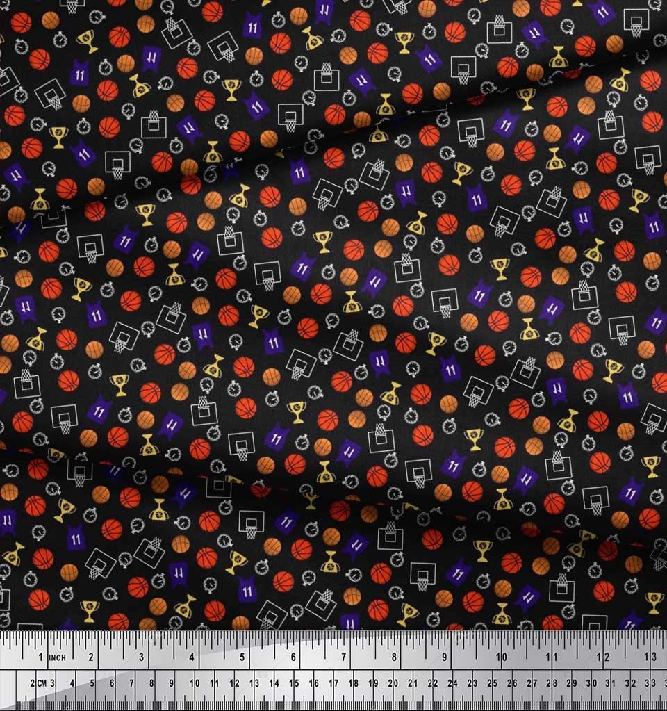 Soimoi Rayon Black Fabric by The Yard - 42 Inch Wide - Sports Print with Trophy, Timer Clock & Basketball Design - Perfect for DIY Sports Apparel, Quilting, and Home Decor Projects