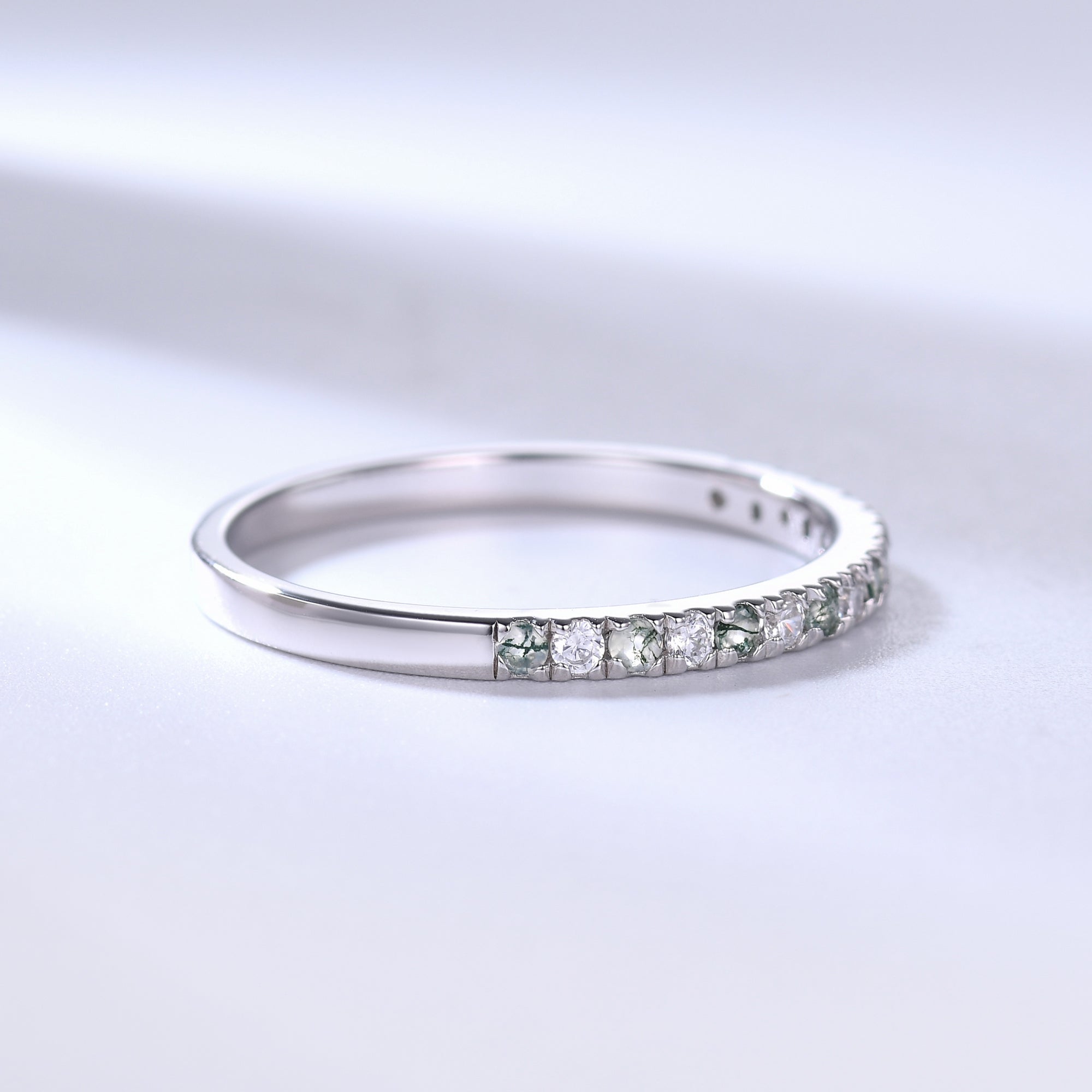 Elegant Moss Agate Wedding Band in White Gold with Moissanite - 2mm Half Eternity Stacking Ring for Women | Perfect for Bridal Jewelry, Anniversary Gifts & Everyday Wear