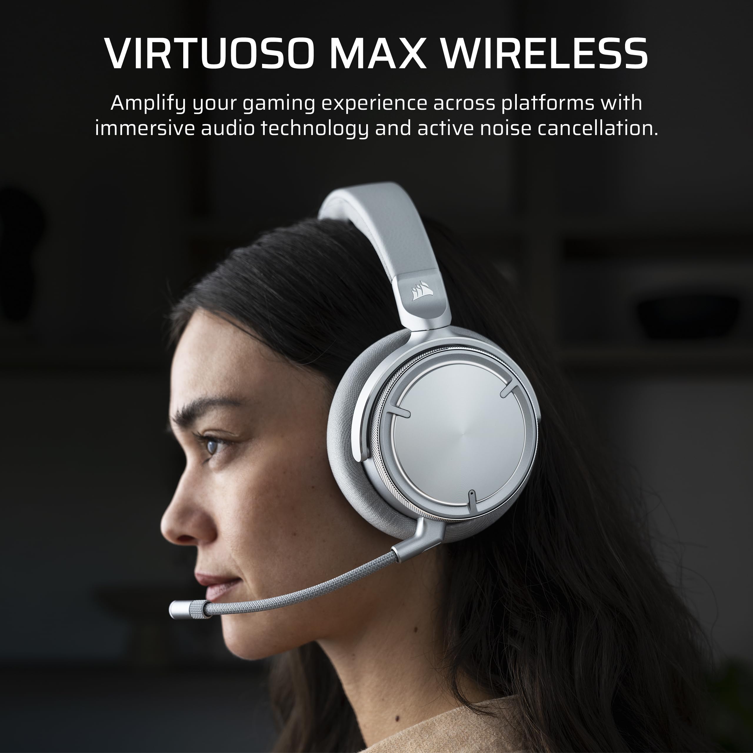 Corsair Virtuoso MAX Wireless Gaming Headset with Dolby Atmos & ANC - 50mm Graphene Drivers, 2.4GHz/Bluetooth Dual Connectivity - Compatible with PC, Mac, PS5, PS4 (Silver) - Perfect for Competitive Gaming, Streaming & Home Entertainment
