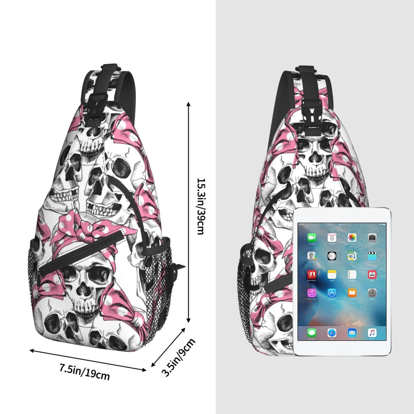Skull Print Sling Bag with Adjustable Headband - Crossbody Backpack for Women & Men - Lightweight Shoulder Bag for Hiking, Travel, Cycling & Outdoor Activities - Small Daypack with Single Strap - Casual Chest Bag Purse for Everyday Use