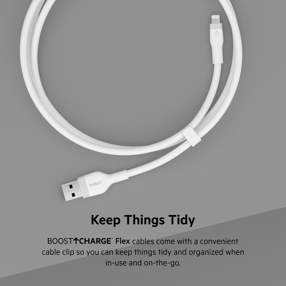 Belkin BoostCharge Flex Silicone USB-A to Lightning Cable (6.6FT/2M) - MFi Certified iPhone Charger for iPhone 14/13/12/11/X/8 & More - Durable & Tangle-Free with Cable Clip - Perfect for Home, Office & Travel - White