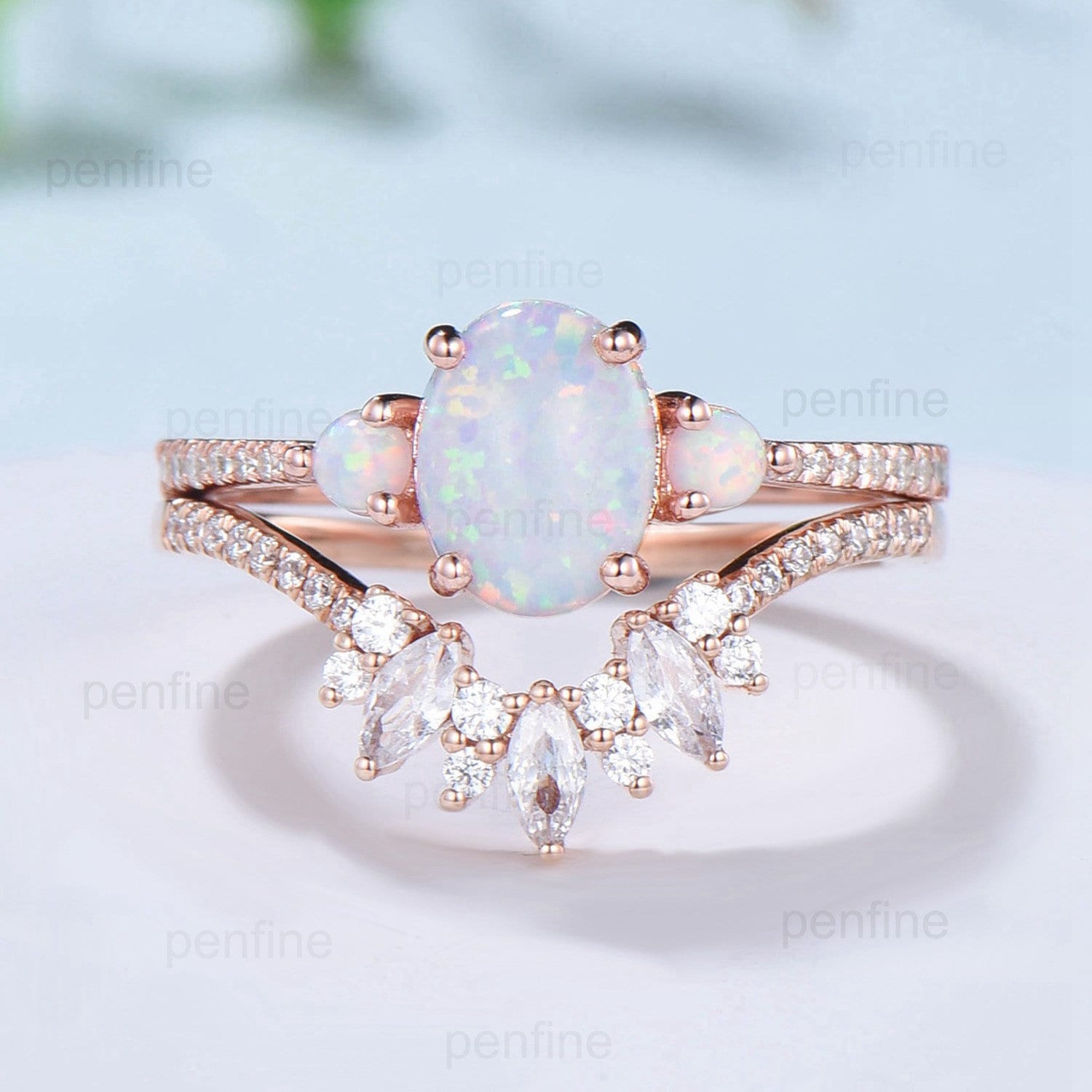 Fire Opal Engagement Ring Set - Oval Cut White Opal Wedding Ring with Three Stone Crown & Moissanite Stacking Band in Rose Gold | Art Deco Style for Bridal, Anniversary & Special Occasions