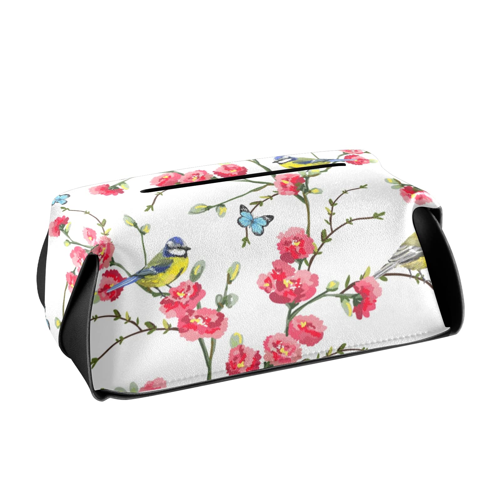 Japanese Style Spring Tree Branches with Red Flowers, Birds & Green Leaves - Rectangular Leather Tissue Box Cover with Handle for Bathroom, Home, Nightstand, Vanity, Office Desk & Car (5.7x5.7x5.7 inches) - Perfect for Home Decor, Gift Giving & Everyday Use