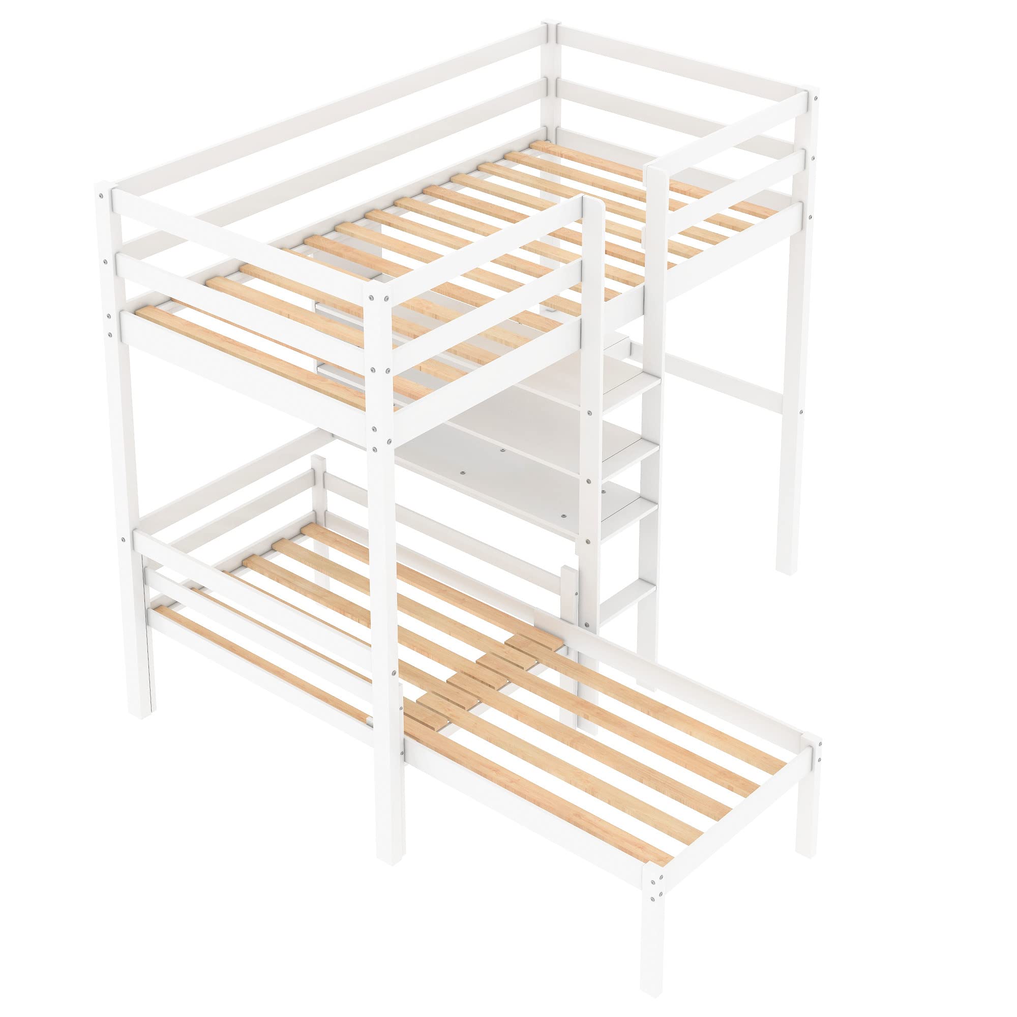 SOFTSEA L-Shaped Twin Loft Bunk Bed with Built-in Desk, Shelves & Ladder - Space-Saving Wooden Loft Bed for Kids, Teens Boys & Girls - Perfect for Small Bedrooms, Dorm Rooms & Shared Kids' Rooms