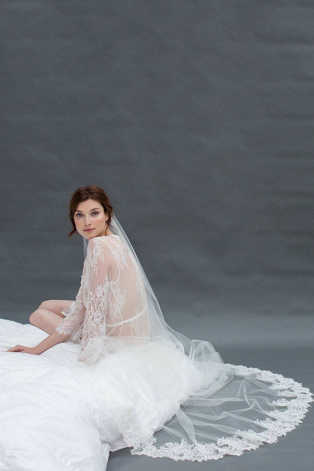 Amanda Cathedral Delicate Sheer Alencon Lace Wedding Veil in Ivory - Perfect for Bridal Gowns, Church Ceremonies & Romantic Photos
