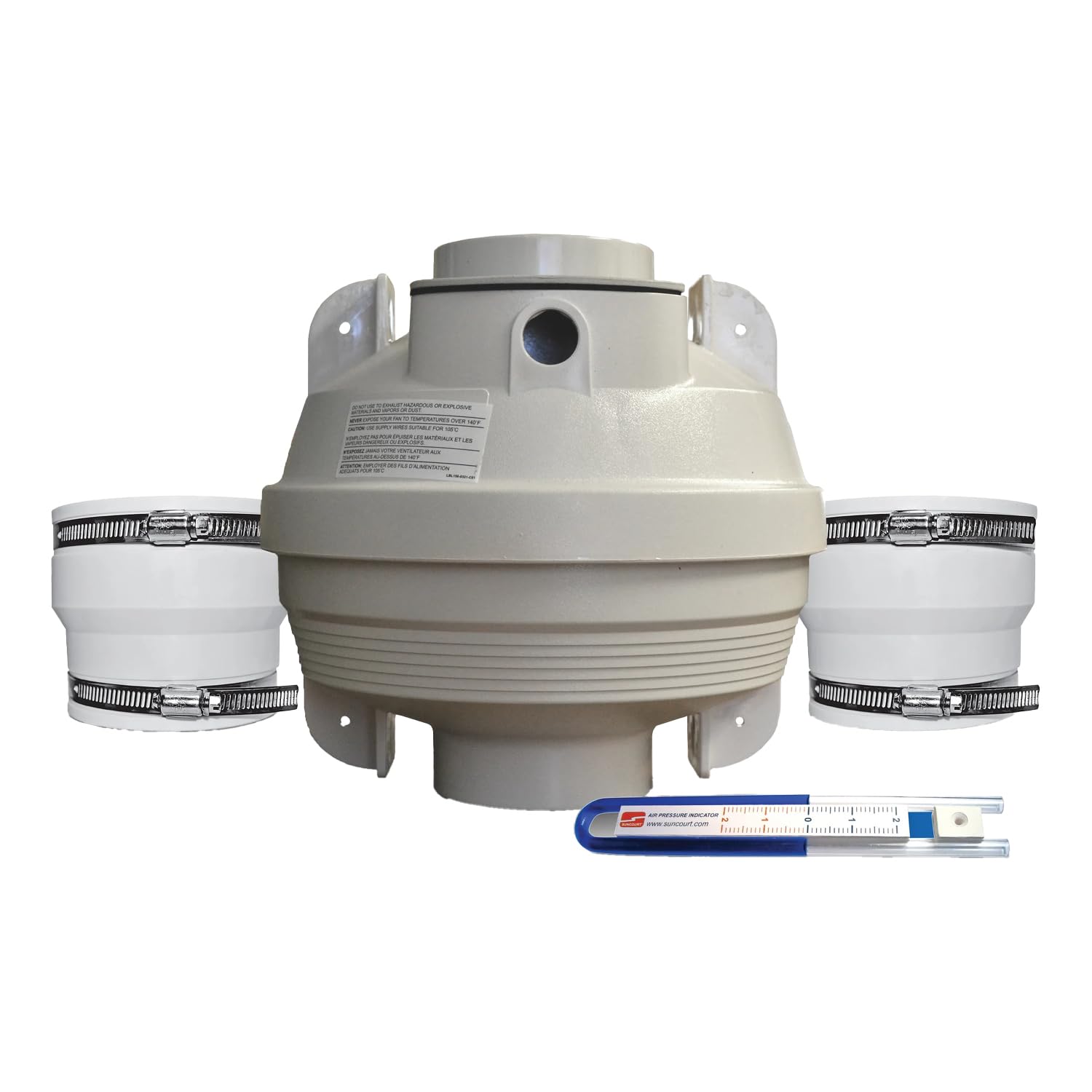 Suncourt Centrax RDK04 4-Inch Radon Mitigation Fan Kit - Indoor/Outdoor Inline Centrifugal Fan with Rubber Couplers & Air Pressure Gauge - White | Basement & Crawlspace Radon Gas Reduction System