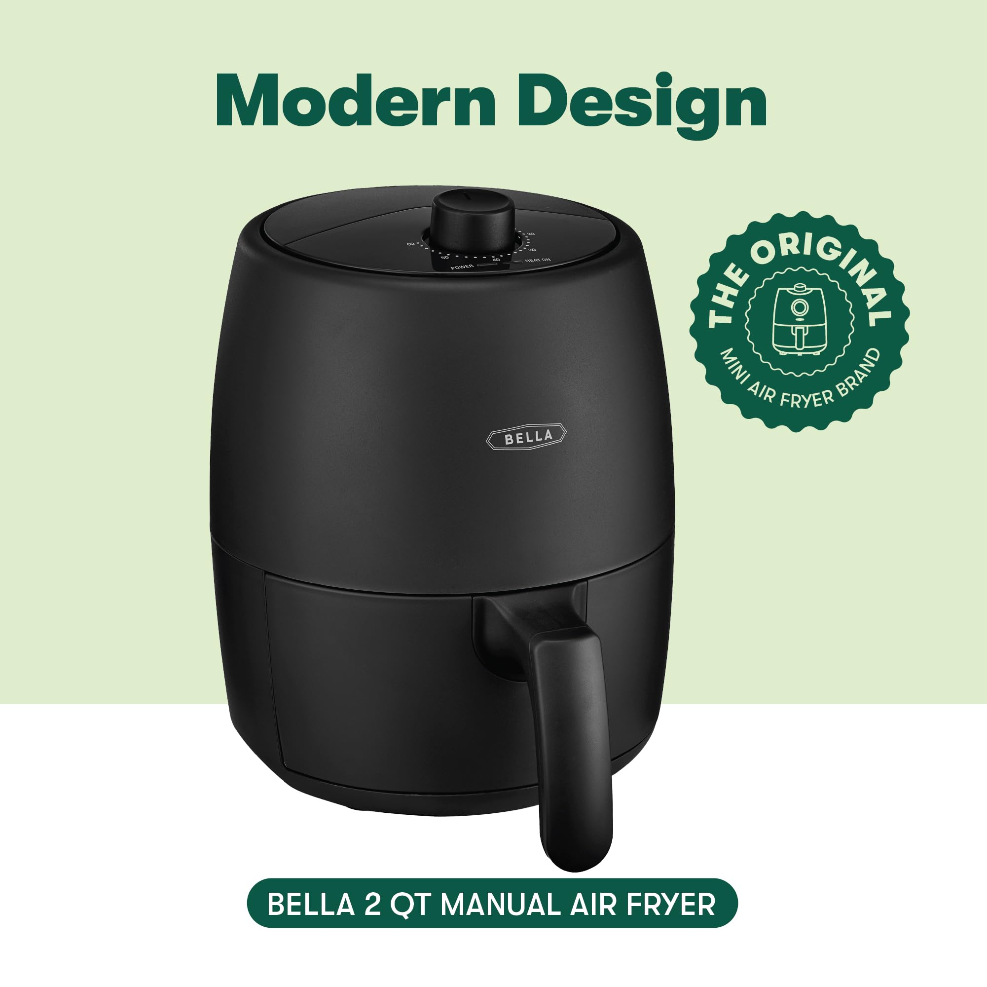 BELLA 2 Quart Manual Air Fryer Oven - 5-in-1 Multicooker with Nonstick Dishwasher Safe Basket & Crisping Tray | 1200W Powerful Heating System | Matte Black | Perfect for Healthy Cooking, Meal Prep & Small Kitchens