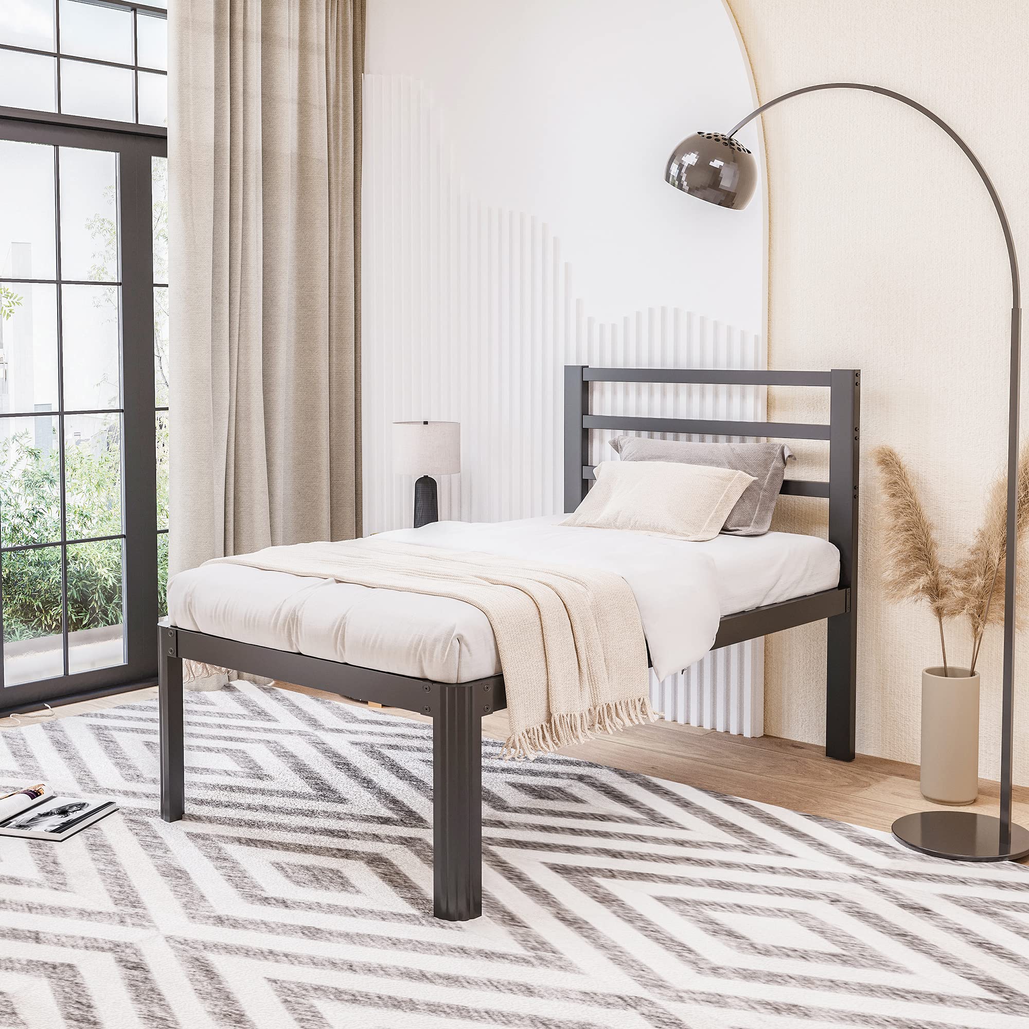Woozuro Twin-Size Heavy Duty Metal Bed Frame with Headboard - 18 Inch Platform Bed Frame, Round Corner Legs, No Box Spring Needed | Sturdy Mattress Foundation, Noise Free & Easy Assembly (Black) | Perfect for Kids Rooms, Guest Bedrooms & Small Spaces