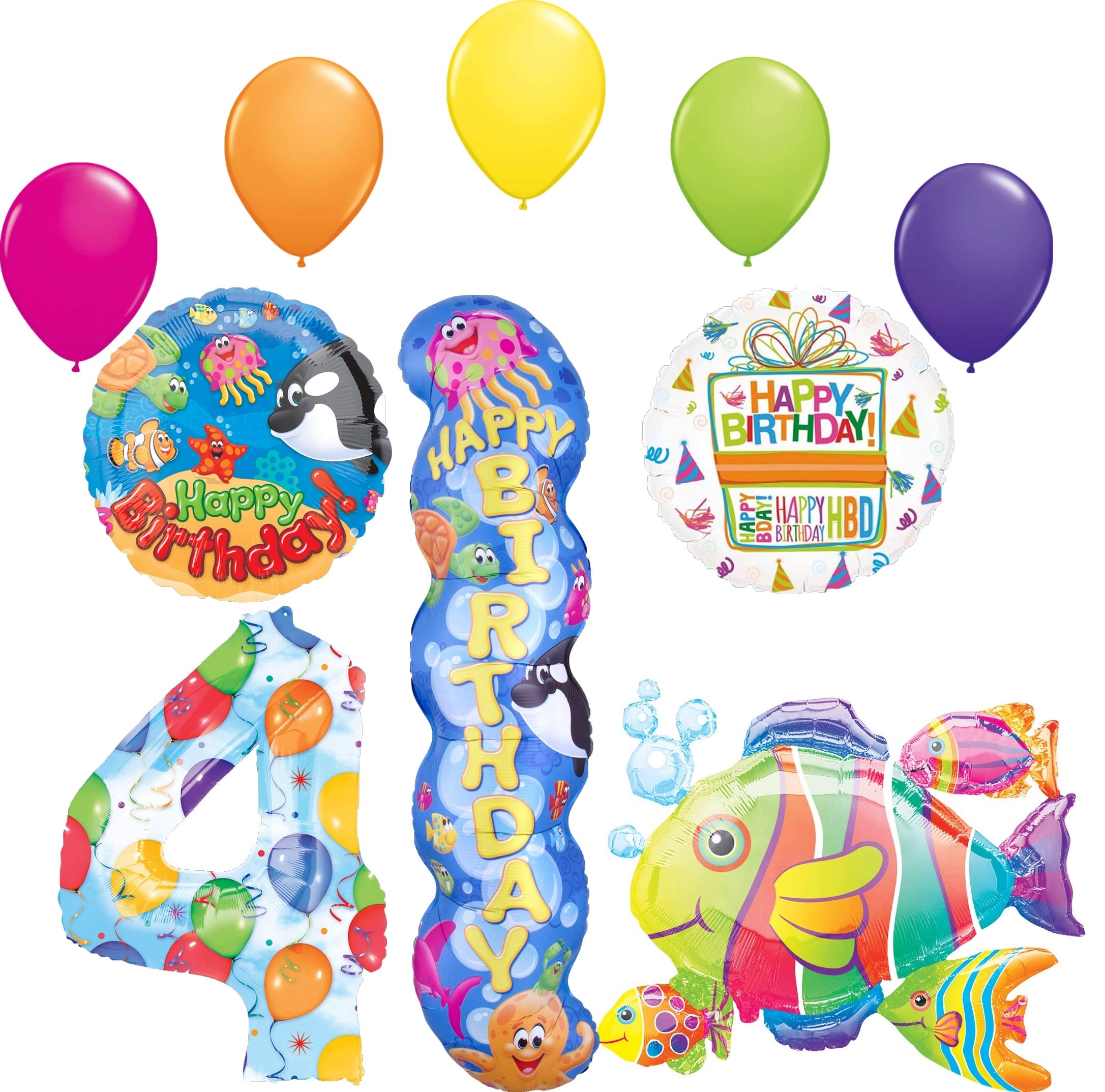 Sea Buddies Underwater Ocean Animals Theme 4th Birthday Party Decorations - Balloon Bouquet, Tableware & Party Supplies for Kids Underwater Adventure Party