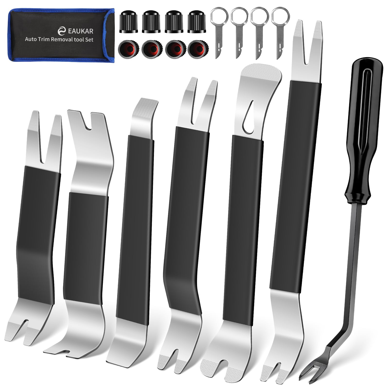 20-Piece Metal Auto Trim Removal Tool Kit - Car Fastener Remover, Steel Pry Bars for Door Panel, Window, Audio & Dashboard - Professional Auto Repair Tools (Silver/Black) for DIY Car Maintenance & Interior Detailing