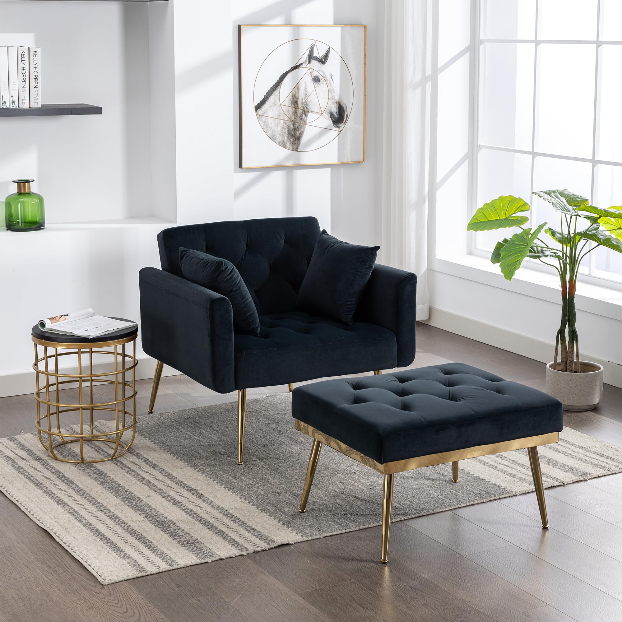 Velvet Accent Chair with Ottoman - Mid Century Modern Lounge Armchair with Adjustable Backrest & Armrests - Button Tufted Comfortable Single Recliner for Living Room, Bedroom & Small Spaces - Black - Perfect for Relaxing, Reading & Home Decor