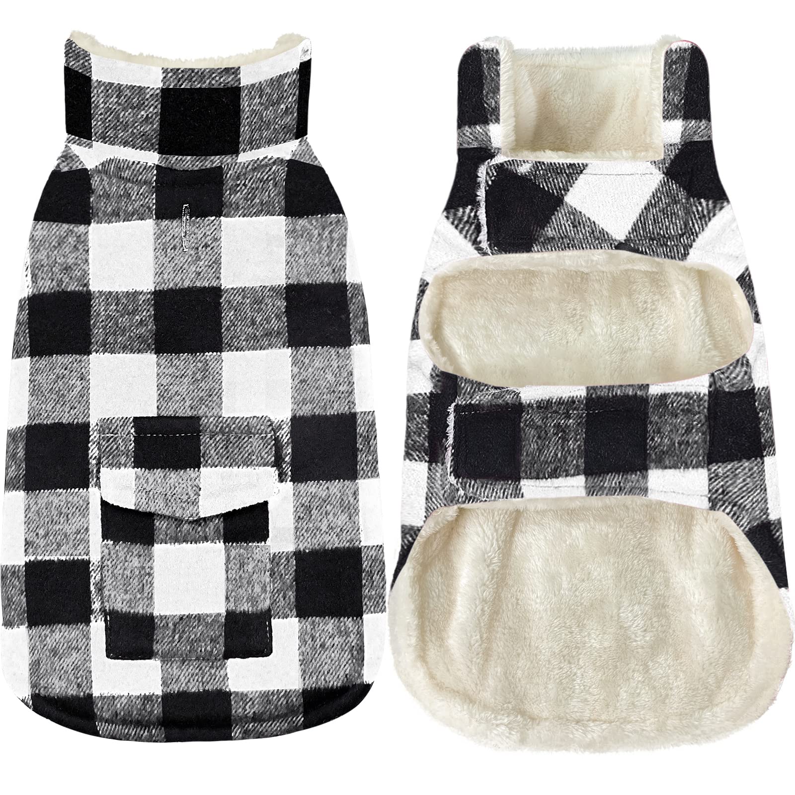 Malier Classic Plaid Fleece Dog Winter Coat - Windproof Warm Pet Jacket with Pocket for Small Medium Large Dogs | Cold Weather Apparel for Outdoor Walks & Winter Adventures (White, Small)