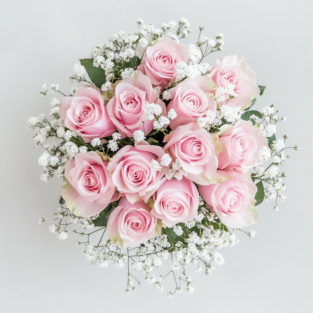 Fresh Pink Roses Bouquet - Dozen Long Stem Roses with Fillers for Mother's Day, Wedding, Anniversary, Birthday, Bridal Shower | Perfect Floral Gift & Home Decor Centerpiece