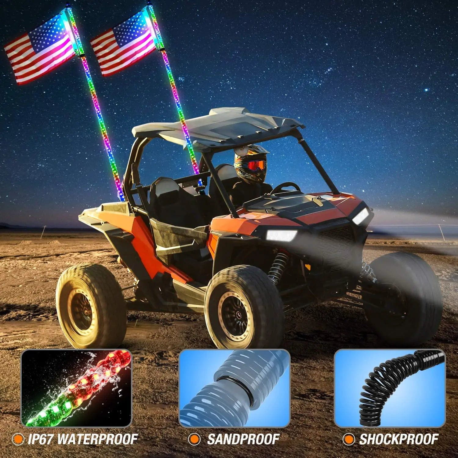 2Pcs 6FT Spiral Antenna with Spring Base LED Whip Light - RF Remote Control & 8.6FT Wire 5Pin Switch for Off-Road Vehicles, Trucks, ATVs, UTVs - Durable & Bright LED Light Bar for Night Driving, Camping, Outdoor Adventures