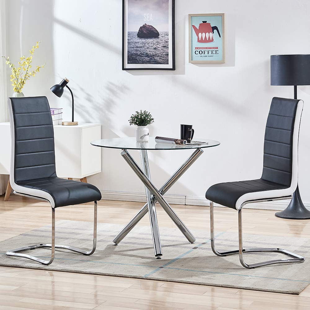 Modern 3-Piece Round Glass Dining Table Set for 2 with Faux Leather High Back Chairs - Perfect for Small Spaces, Kitchen Nooks & Cozy Breakfasts (Black)