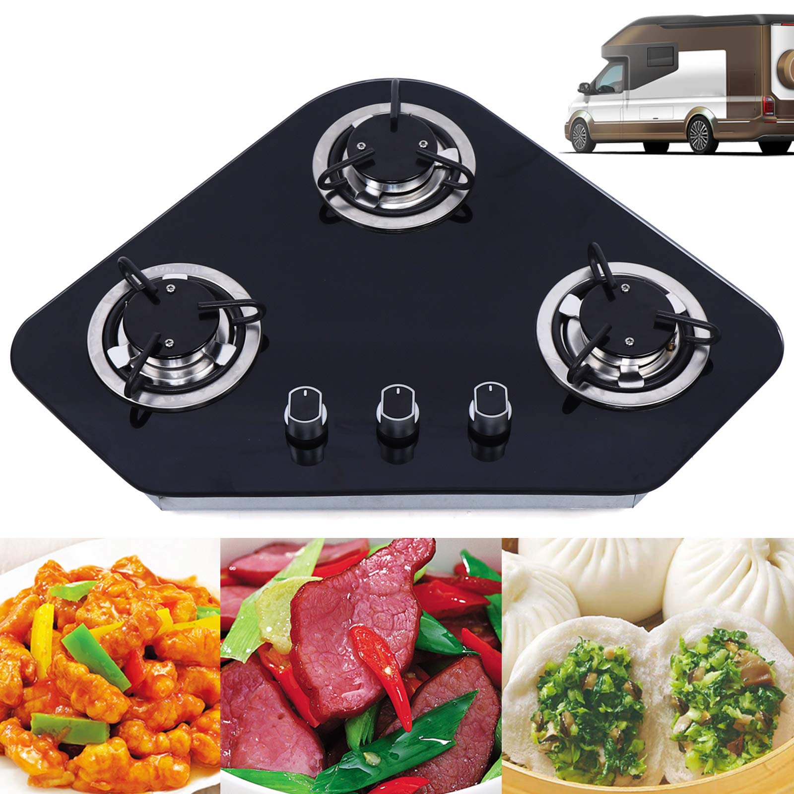 3 Burner LPG Gas Stove with Black Tempered Glass - RV Stove with 3D Air Intake & Knob Control - Perfect for RV, Boat, Caravan & Camper Cooking - Compact & Durable for Outdoor Adventures