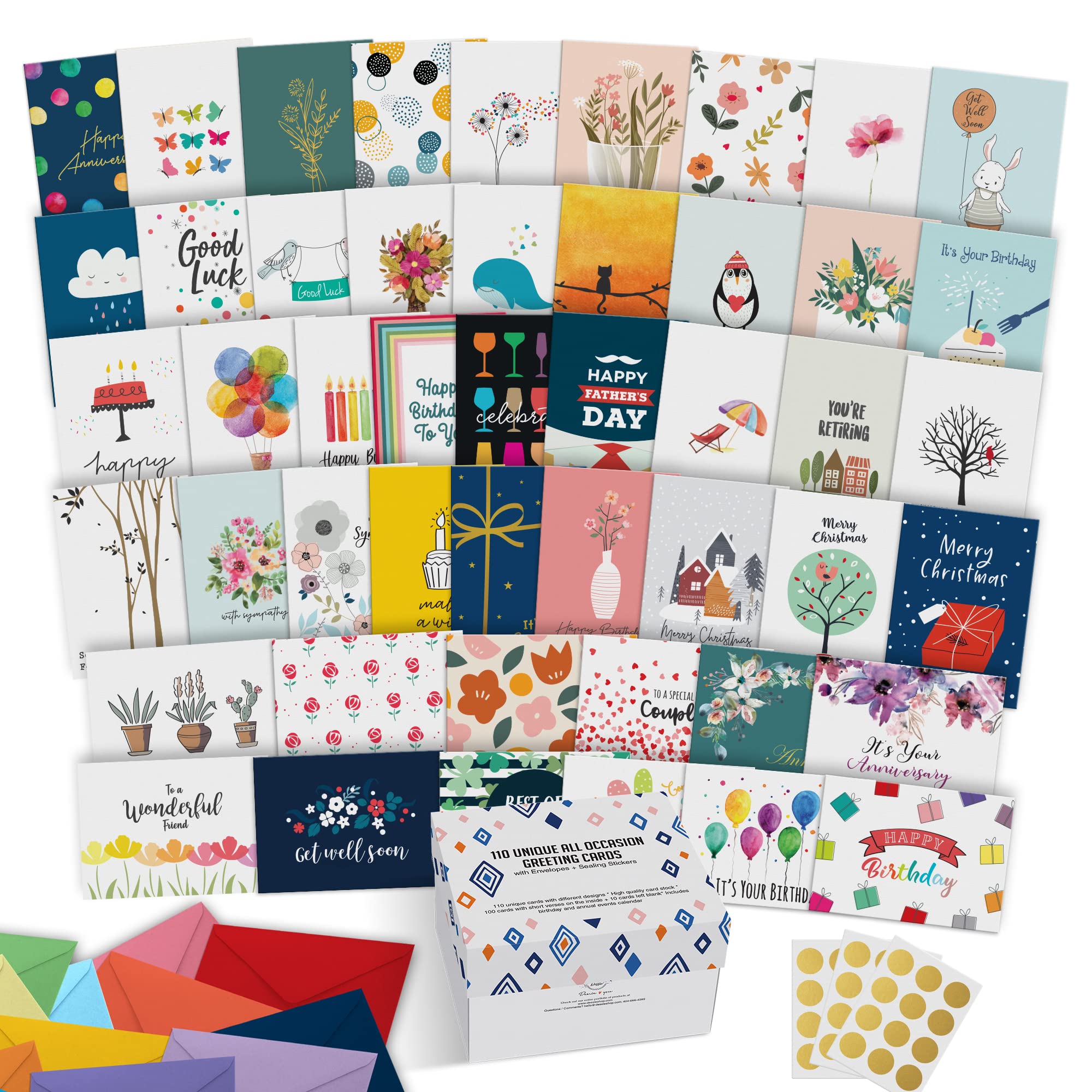 110 Unique All-Occasion Greeting Cards with Envelopes (5x7) - Birthday, Sympathy, Thank You & Holiday Cards Box Set | Perfect for Home, Office & Gift Giving