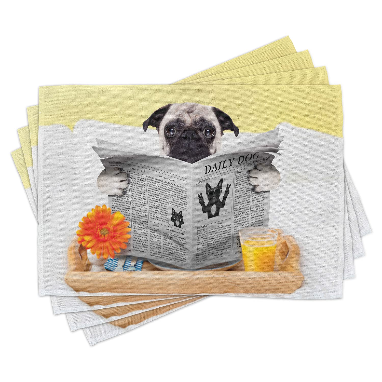 Ambesonne Pug Place Mats Set of 4 - Washable Fabric for Dining & Kitchen Decor - Perfect for Dog Lovers & Family Gatherings