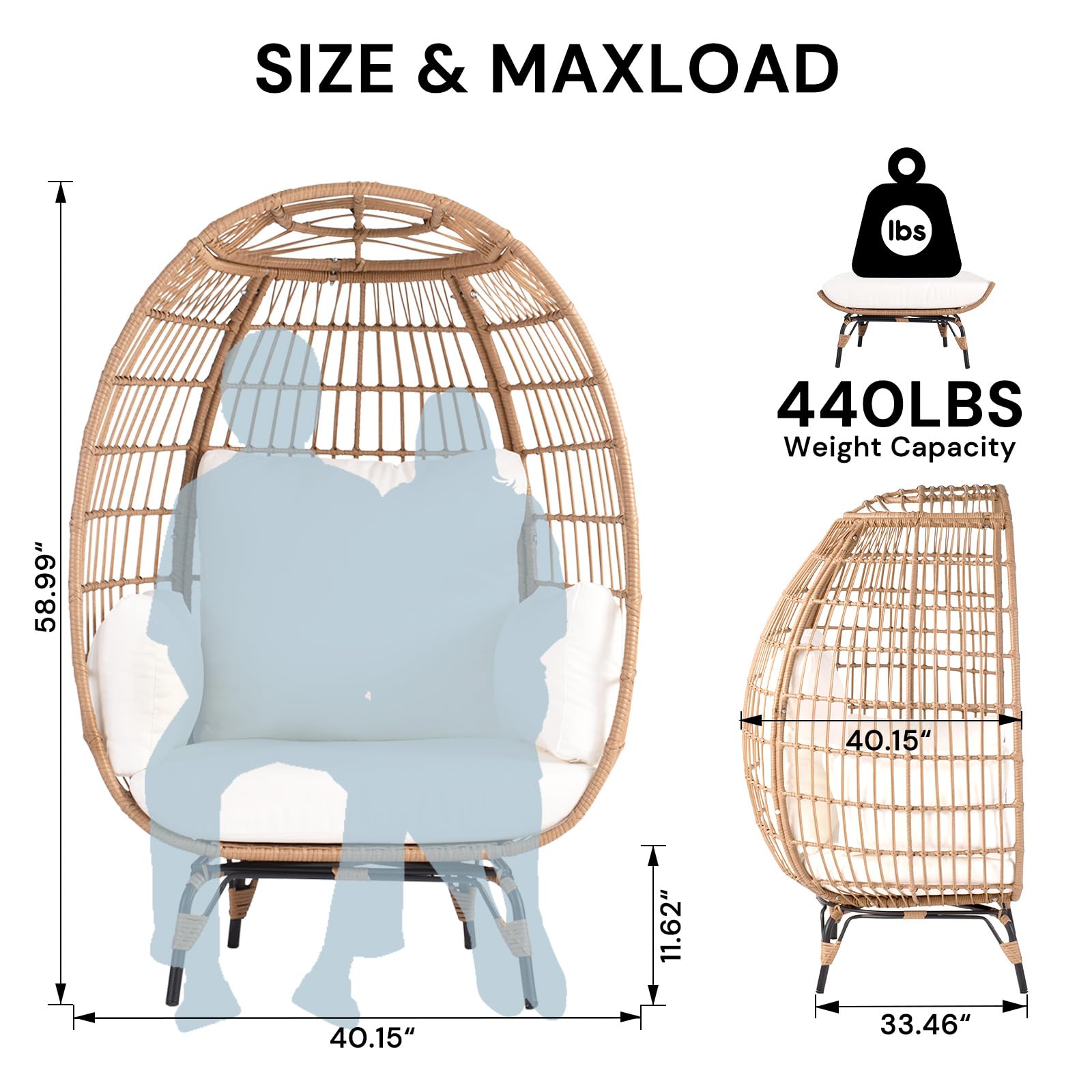 TYARDS Outdoor Egg Chair - PE Wicker Hanging Chair with 440 lbs Weight Capacity, Patio Swing Chair with 4 Thick Cushions, Oversized Lounge Chair with Durable Steel Frame - Perfect for Balcony, Backyard, Bedroom, Garden & Poolside Relaxation