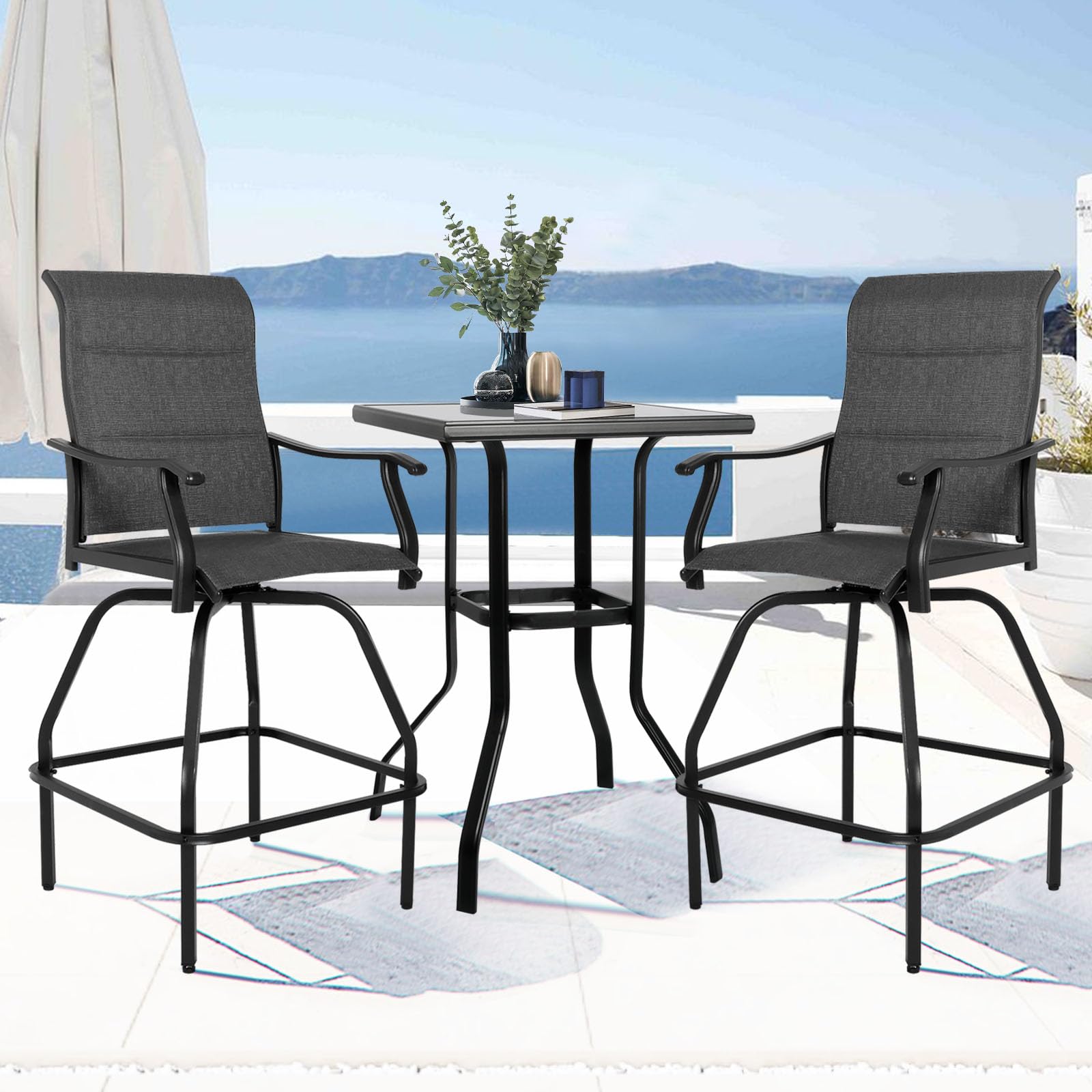 LEVELEVE 3-Piece Patio Bar Set with Swivel Bar Stools & Height-Adjustable Table - Outdoor Bistro Furniture, Textilene All-Weather, Grey Padded (Perfect for Backyard, Deck, Poolside & Garden Relaxation)