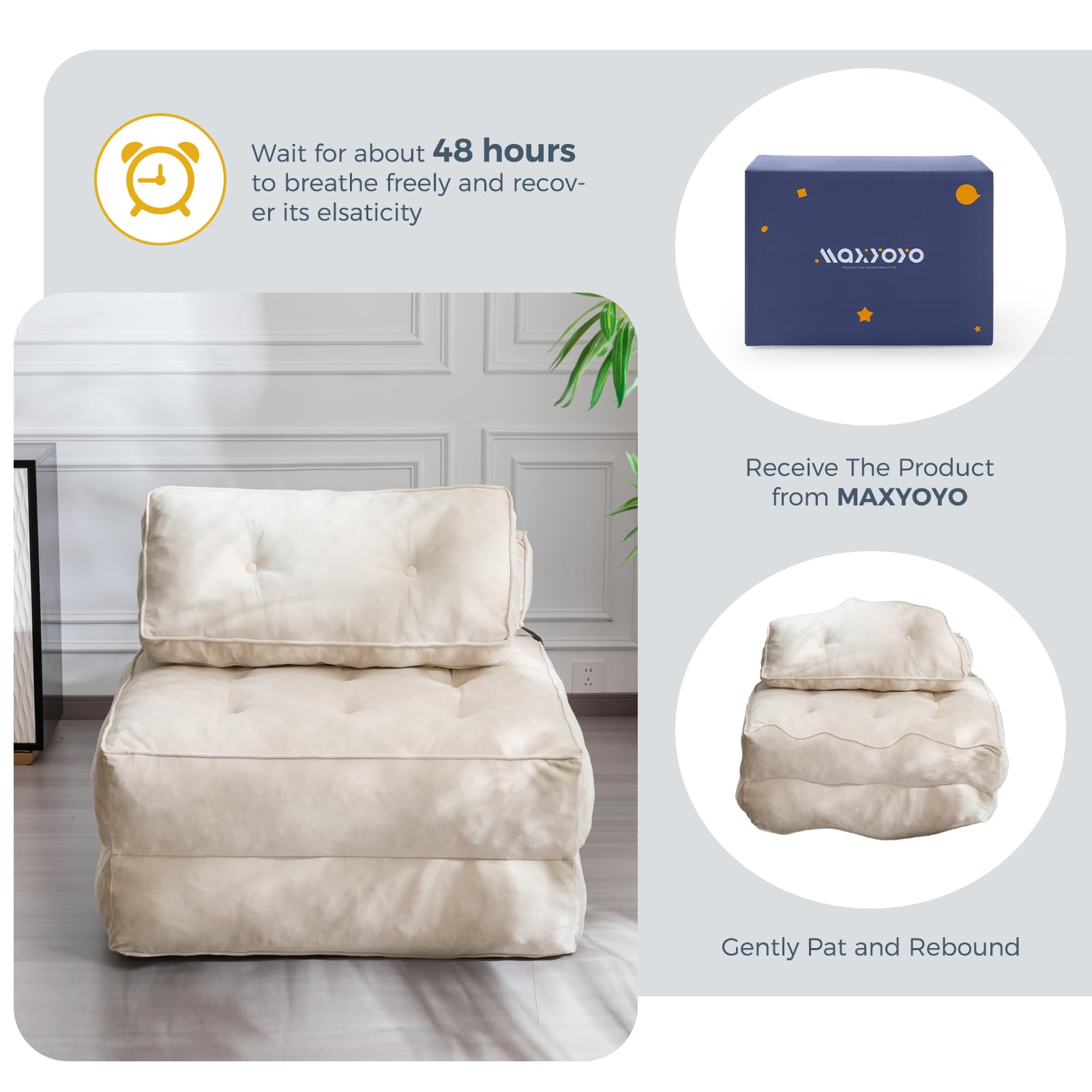 MAXYOYO Folding Sofa Bed - Velvet Convertible Sleeper Chair with Pillow, Portable Fold Out Guest Bed in Beige | Perfect for Small Spaces, Apartments & Overnight Guests