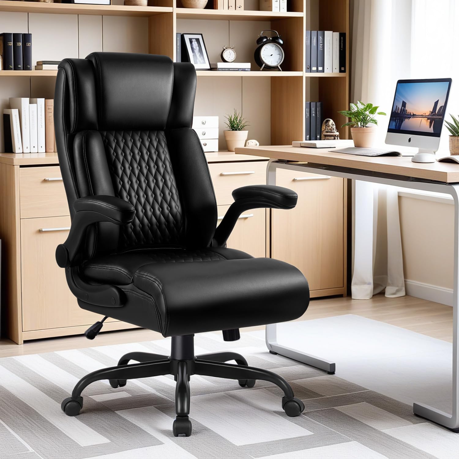 Big and Tall Office Chair - Heavy Duty Ergonomic Leather Computer Desk Chair with Flip-Up Armrests & Lumbar Support - 400 lbs Weight Capacity - Perfect for Home Office, Gaming, and Executive Workspaces