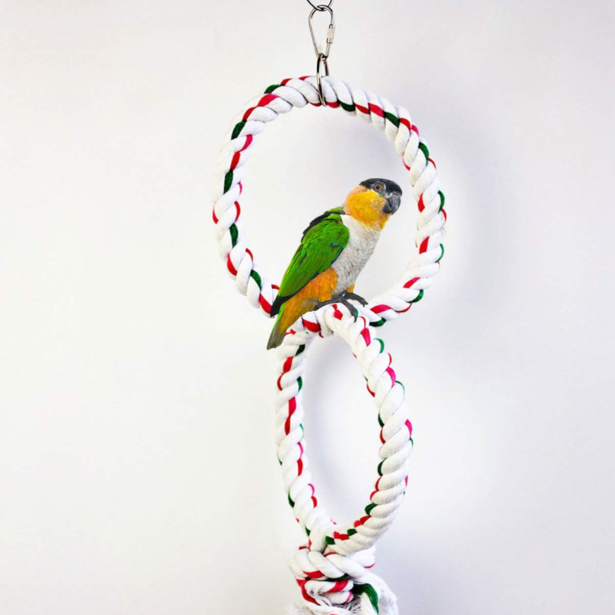 POPETPOP Colorful Parrot Chew Toys - Hanging Bird Swing with Rope Stand & Chewing Rings - Durable Pet Climbing & Grinding Toys for Parakeets, Cockatiels, Macaws (Perfect for Cage Play & Exercise)