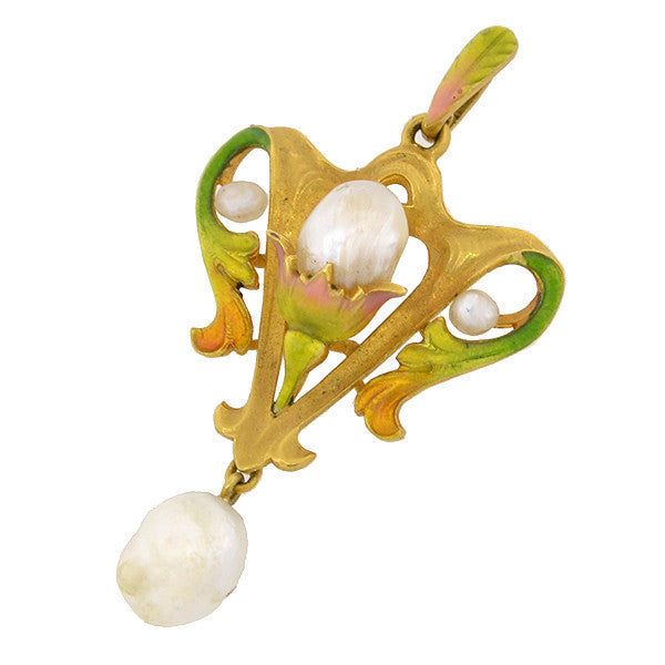 Art Nouveau 14kt Gold Natural Pearl & Enamel Lavalier Pendant Necklace - Vintage Jewelry Gift for Women, Bridal Party, Special Occasions