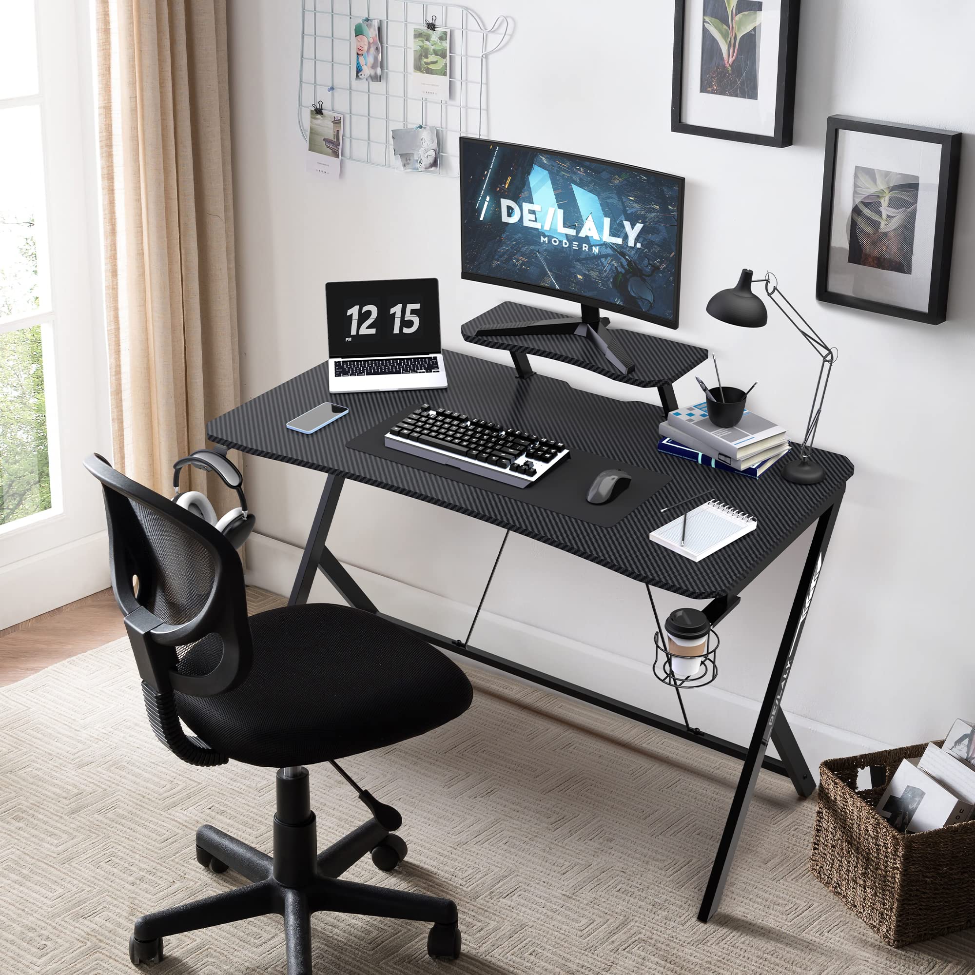 45 Inch Gaming Desk with Monitor Stand & Carbon Fiber Surface - Y-Shaped Workstation with Mouse Pad, Cup Holder & Headphone Hooks | Ergonomic Home Office Computer Desk for PC Gaming & Work (Black) by DEILALY | Perfect for Small Spaces & Streaming Setups