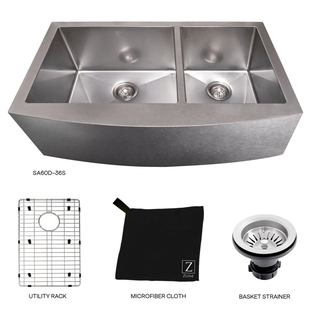 ZLINE 36-inch Farmhouse Apron Front Double Bowl Stainless Steel Kitchen Sink with Bottom Grid - SA60D 36S - Durable & Stylish for Modern Kitchens, Perfect for Cooking, Washing Dishes & Food Prep