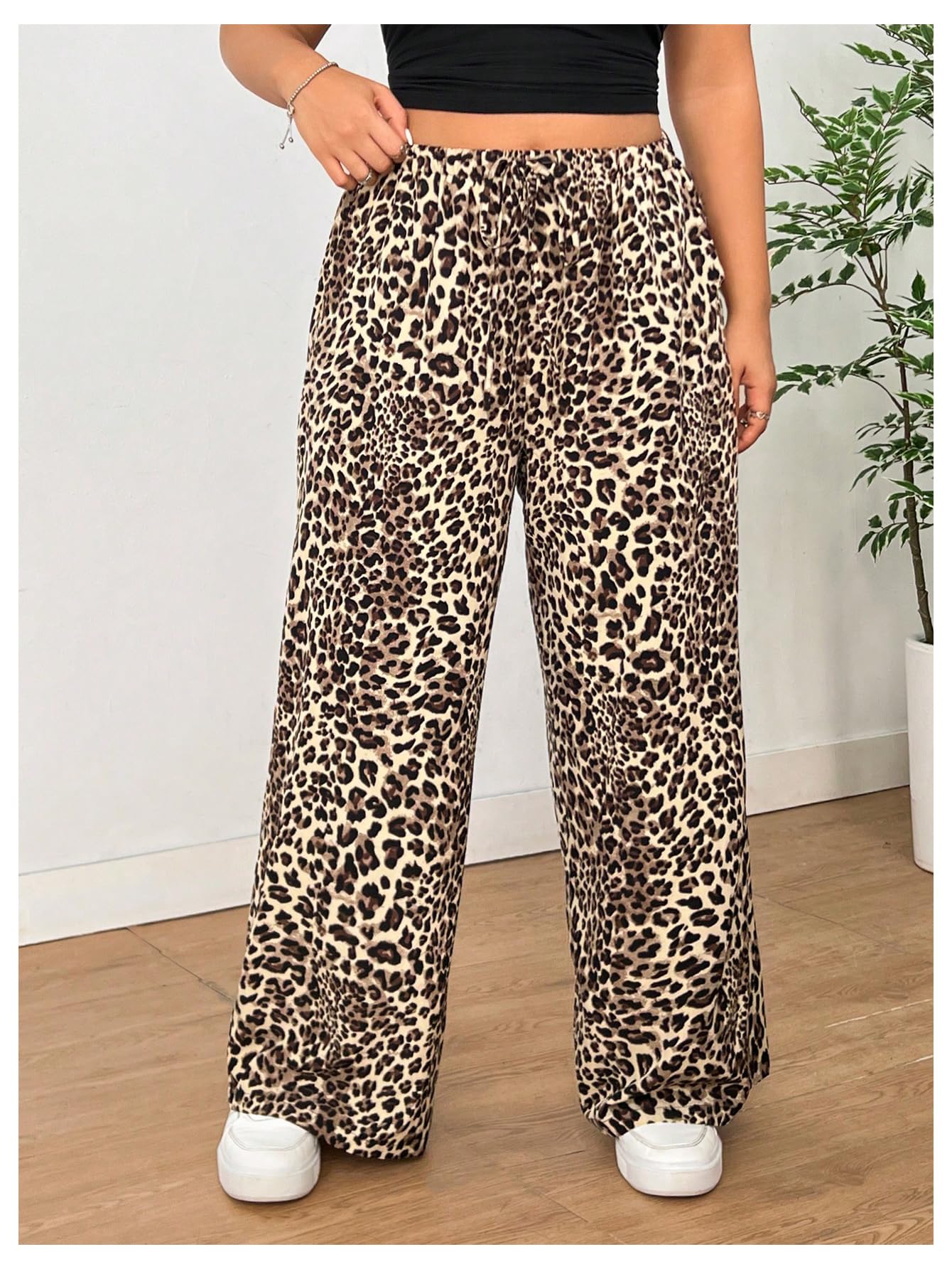 Floerns Women's Plus Size Leopard Print High Waist Pants with Drawstring - Wide Leg Trousers for Casual Wear & Office Outfits