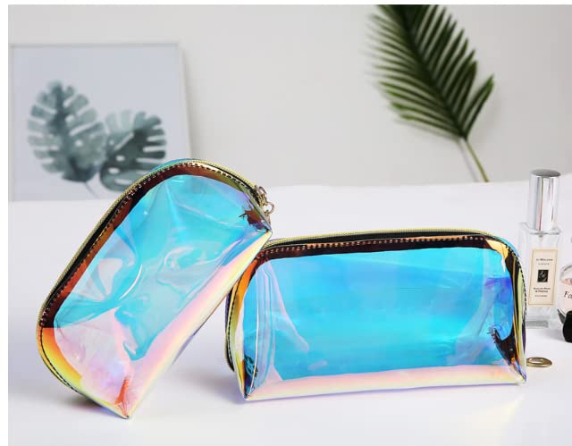 GELIMY 2PCS Set Transparent Waterproof Holographic Cosmetic Bags - Makeup Organizer, Toiletry Bag & Pencil Case - Portable Travel Essentials for Women (2 Sizes) | Perfect for Travel, Gym & Daily Beauty Storage