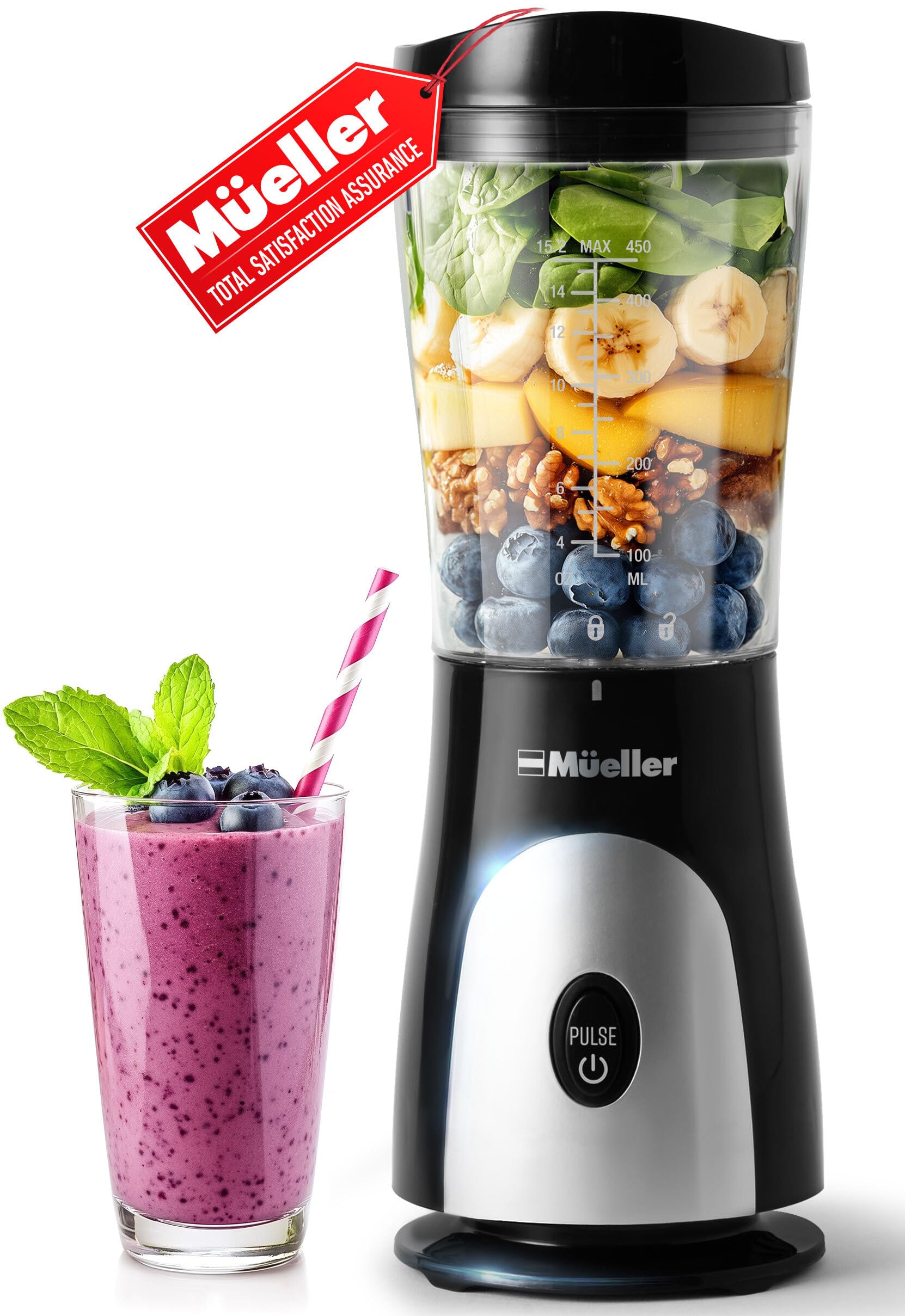 Mueller Smoothie Blender - 15oz Personal Blender for Shakes, Frozen Drinks, Baby Food & Smoothies | Durable Stainless Steel Blades | Includes Travel Cup & Lid | Perfect for Kitchen, Gym, Office & Travel (Black)