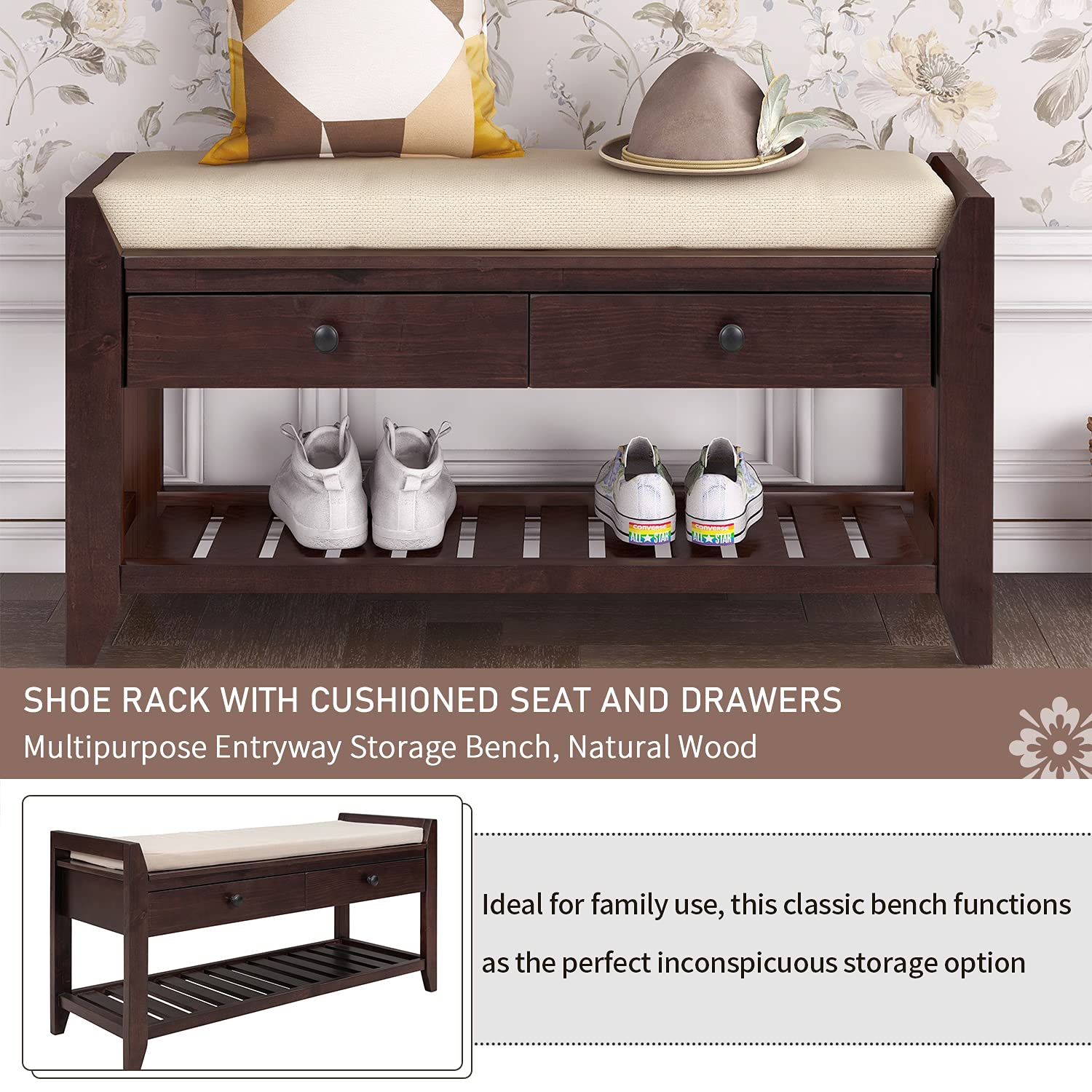 Multipurpose Storage Bench with Cushioned Seat & Drawers - Shoe Rack Organizer for Entryway, Hallway, or Bedroom - Espresso Wooden Bench for Home Decor & Storage Solutions