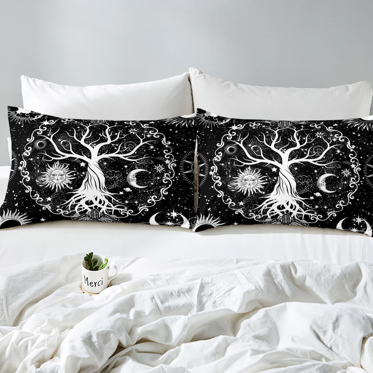 Erosebridal Tree of Life Bed Sheet Set - Gothic Sun & Moon Fitted Sheet with Cosmic Stars Design, Boho Death Skull & Trippy Galaxy Print, Includes 2Pcs Twin Size Sheets & 1 Pillowcase - Perfect for Gothic, Bohemian & Celestial Themed Bedrooms
