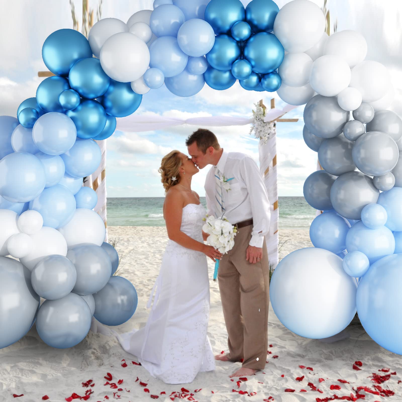 Blue White Metallic Balloon Arch Garland - Silver Grey Pastel Balloons for Birthday Party, Gender Reveal, Baby Shower & Anniversary Decorations | Helium Latex Balloons for Indoor & Outdoor Events