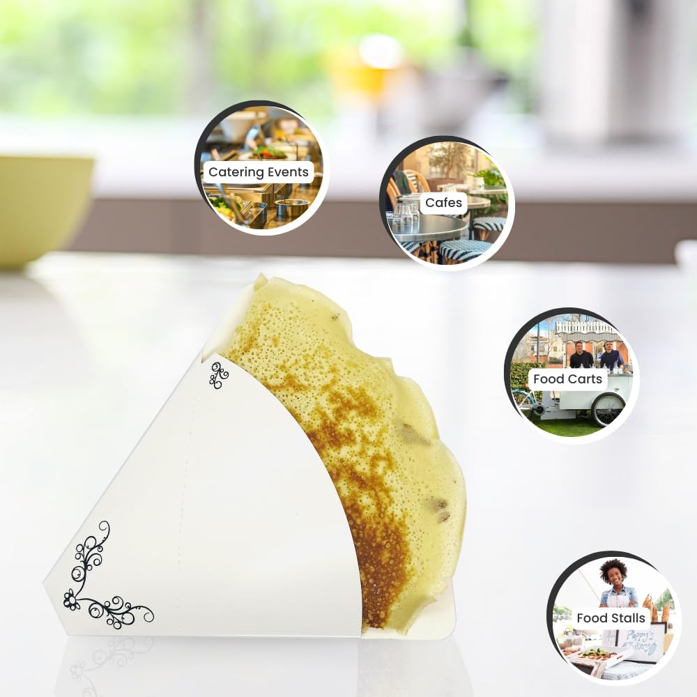 Premium Perforated French Crepe Holders [100-Pack] – Heavy Duty Disposable Food Wrappers for French Style Crepes | Victorian Design, Food Safe, Takeaway Packaging | Perfect for Cafes, Bakeries & Catering Events