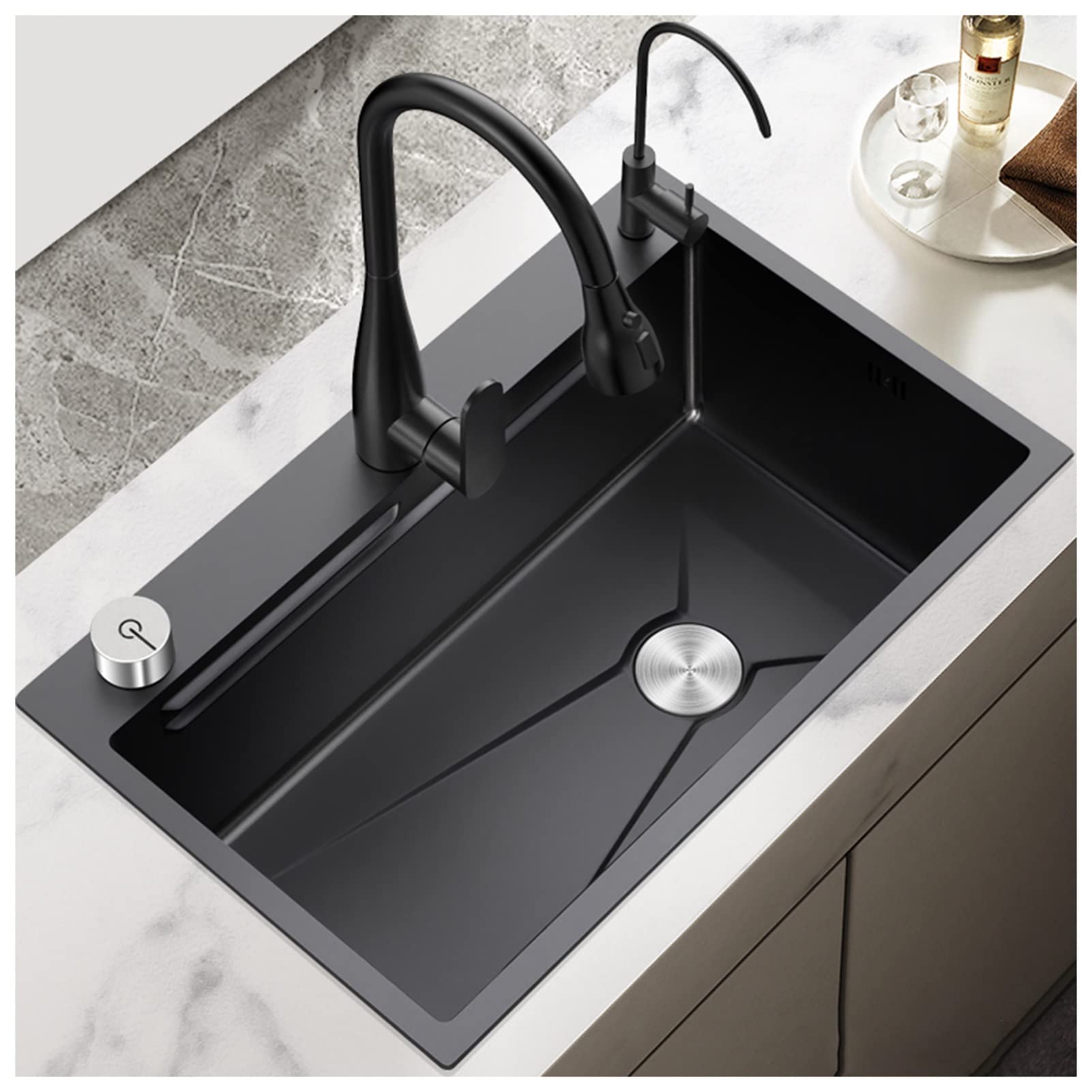 WooDeY Black Farmhouse Kitchen Sink Workstation with Pull-Out Faucet, Counter Control & Water Purification - Perfect for Modern Farmhouse & Rustic Kitchen Designs