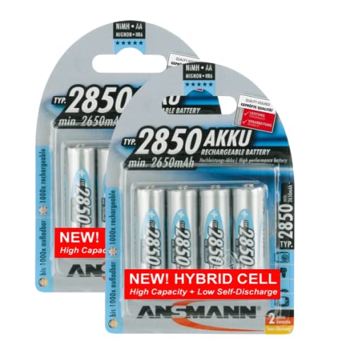 Ansmann AA 2850mAh Hybrid High Capacity Low Discharge Rechargeable Batteries 8-Pack - Long Lasting Power for Cameras, Flashlights & Electronics